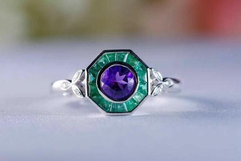 Art Deco Style Amethyst & Emerald Lab Created Diamond 925 Silver Engagement Ring