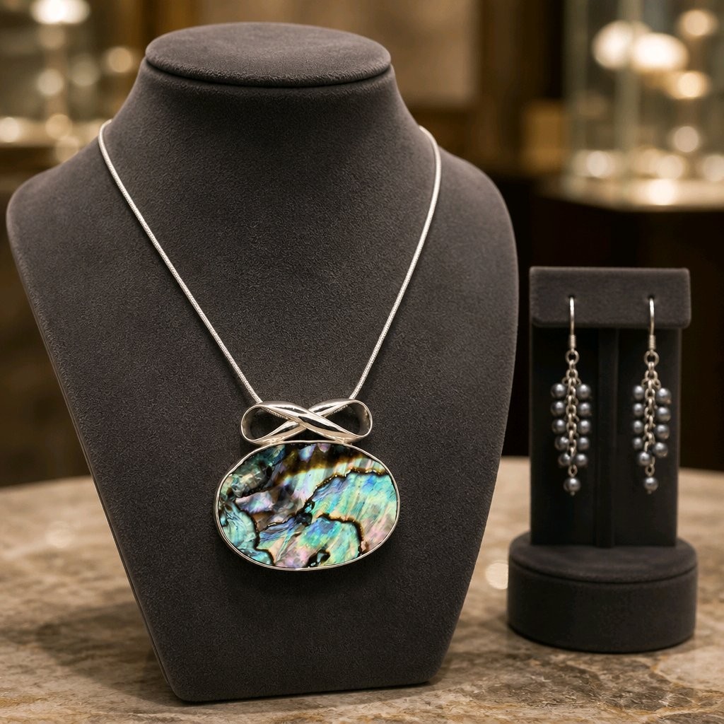Abalone Necklace Pearl Earring Set Sterling Silver Pearl Paua Shell Statement