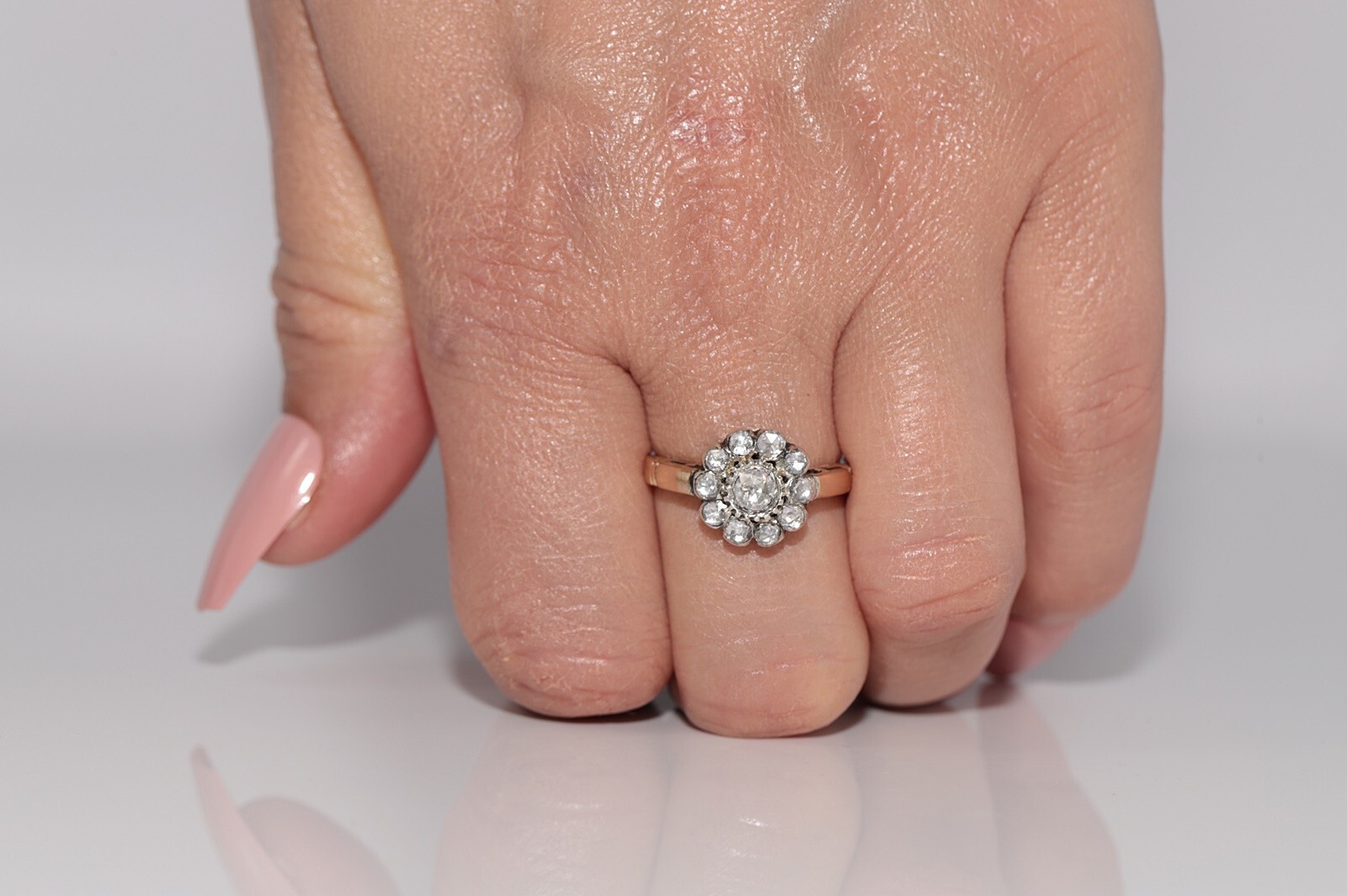 Vintage Circa 1980s 14k Gold Top Silver Natural Rose Cut Diamond Ring