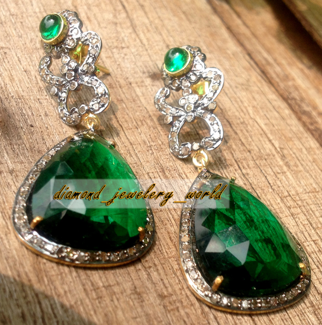 2.95ctw Rose Cut Diamond Emerald Studded Silver Vintage Stunning Earring Jewelry