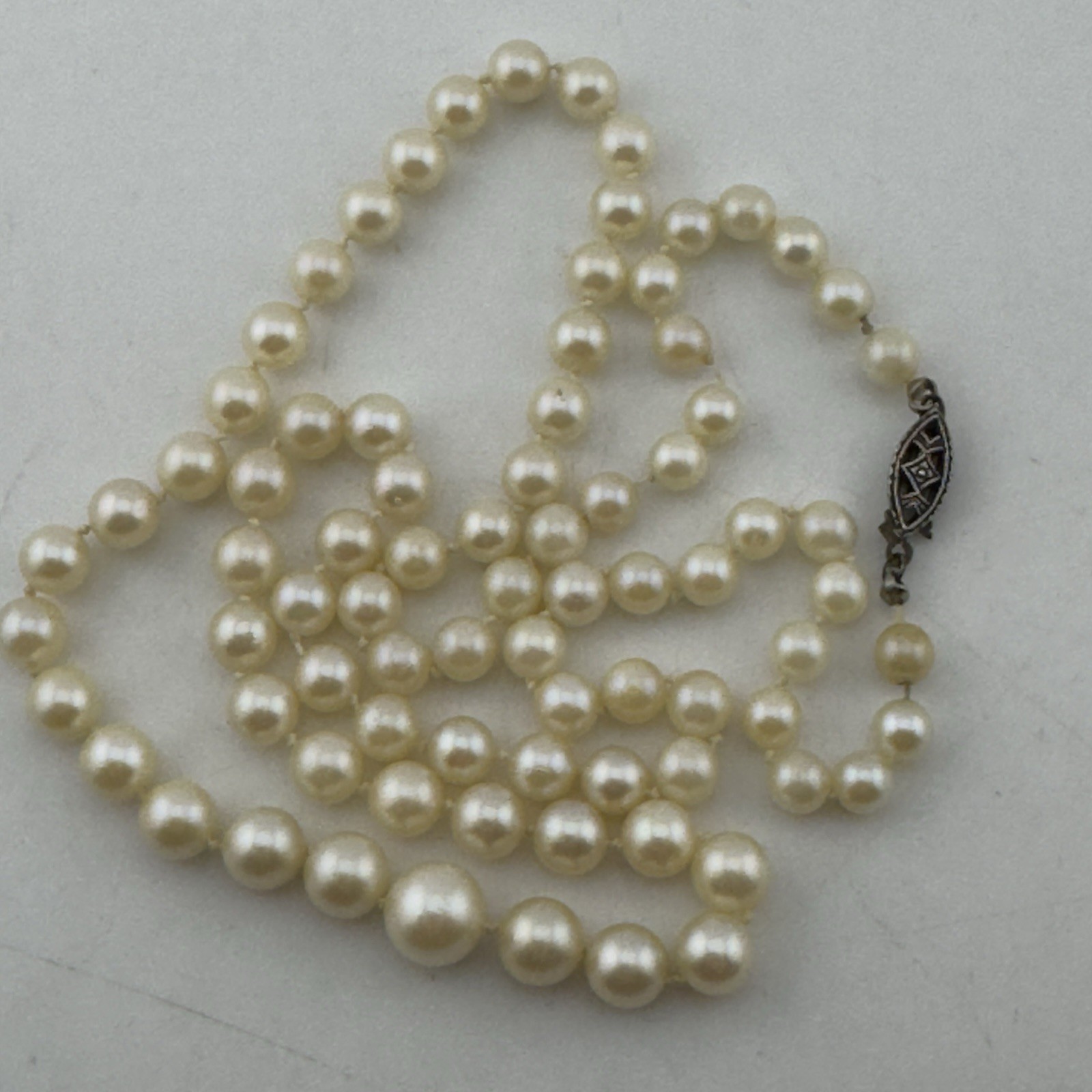 Vintage Graduated 5-8mm Strand Japanese Akoya Pearl Necklace Sterling Silver 21″