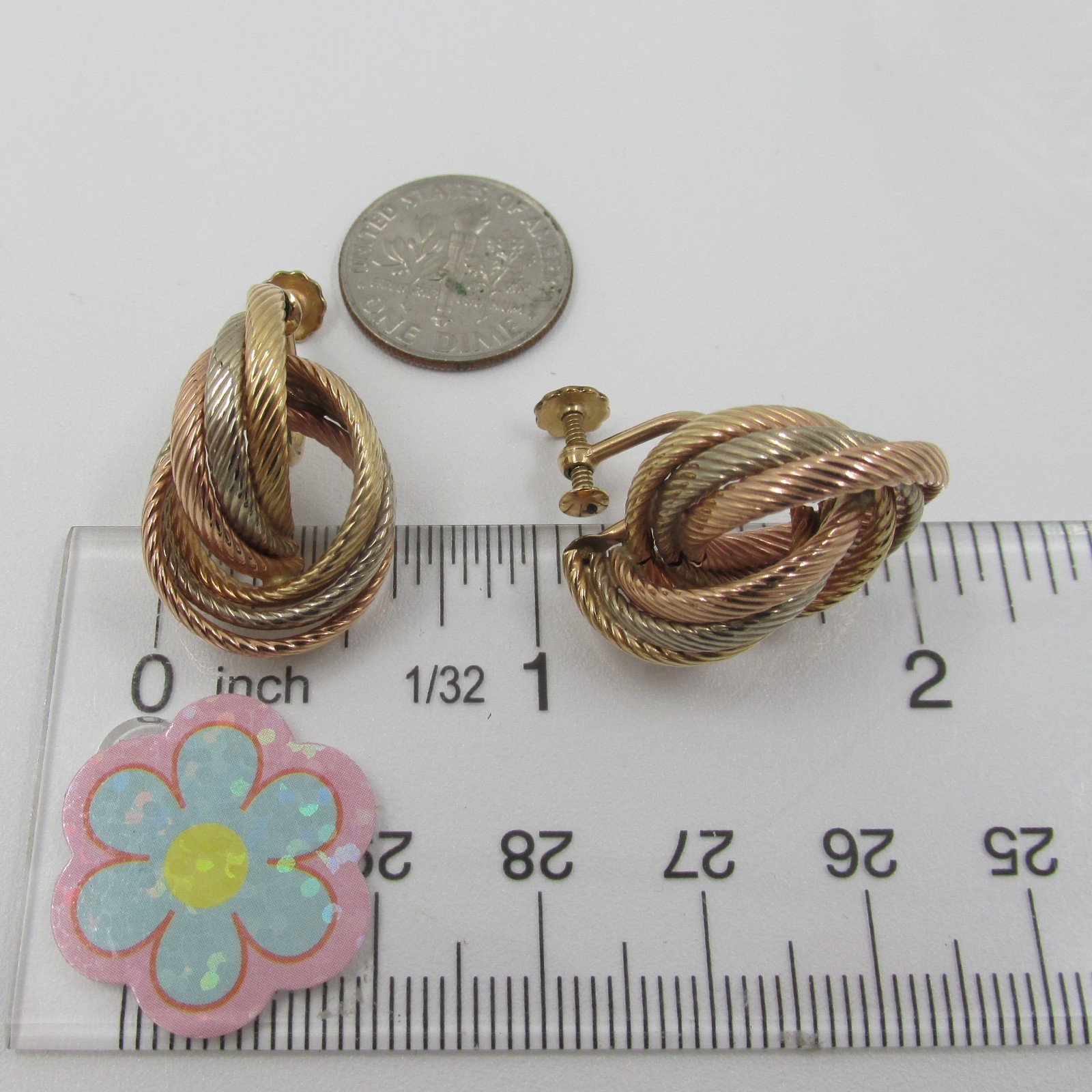 14K Gold Filled Tri Tone Knot Screw Back Earrings Classic Style 1″ -5.8 Grams