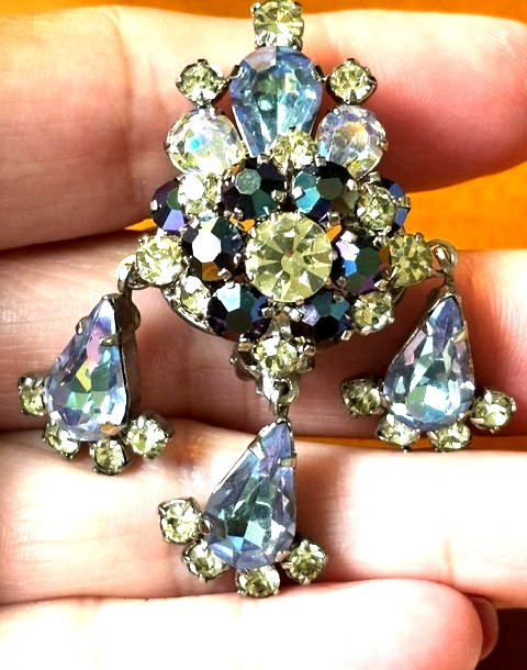 Fabulous Vintage Silver Tn BLUE AB Rhinestone Cluster Drop Clip Earrings AUSTRIA