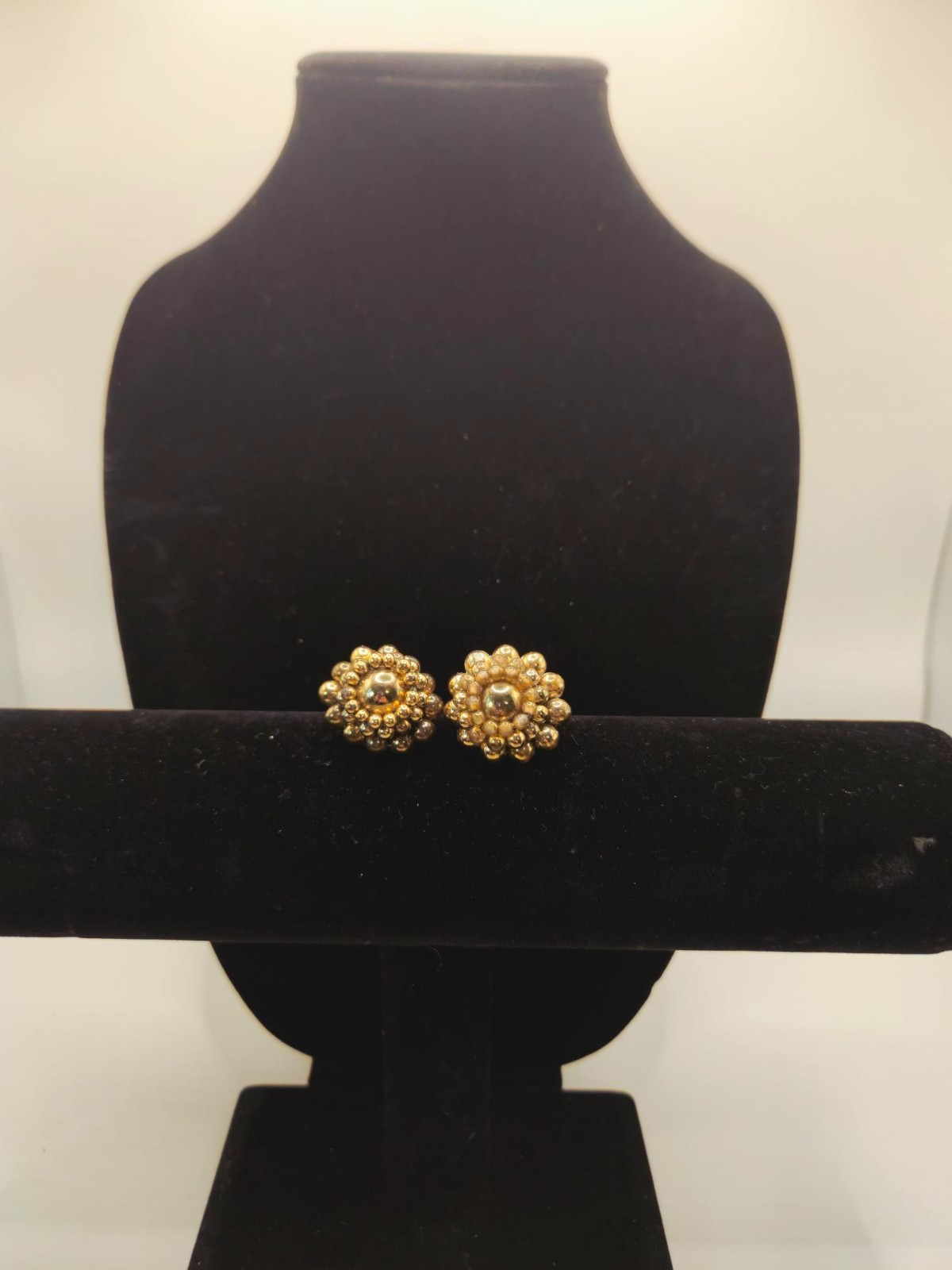 Vintage Japan Gold Tone Cluster Earrings Flower Sunburst Textured Bead Textured