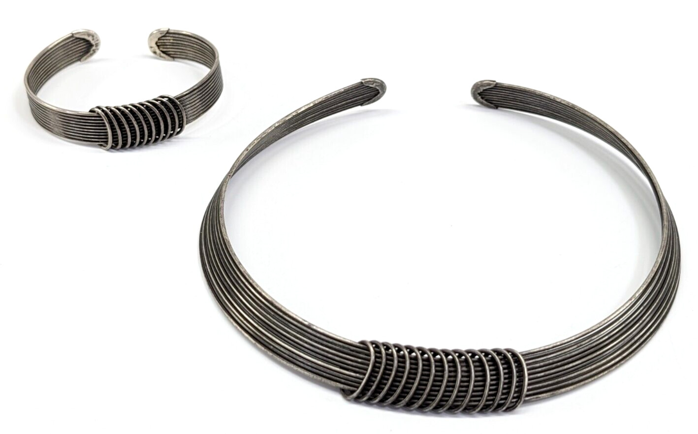 Vintage Artisan Made Silver Tone Wire Collar Necklace & Cuff Bracelet Set