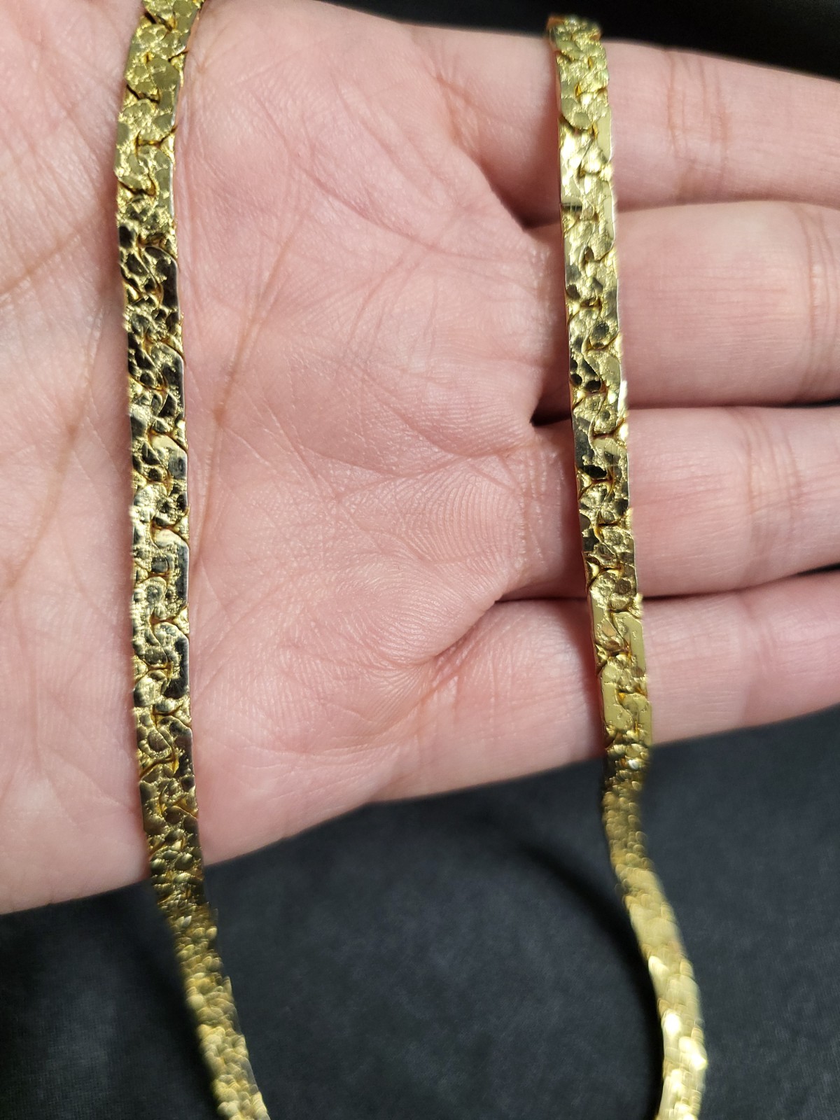 Vintage Yellow Gold Tone Textured Solid Nugget Link Chain Necklace Unisex Boho