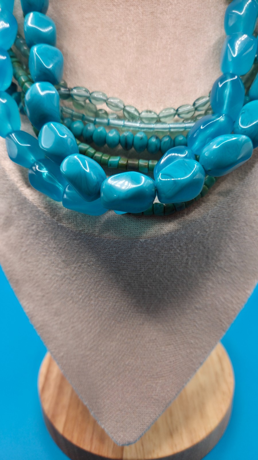 Vintage Turquoise Blue Beads Multi Strand Beaded Statement Necklace 8.5″ Chunky