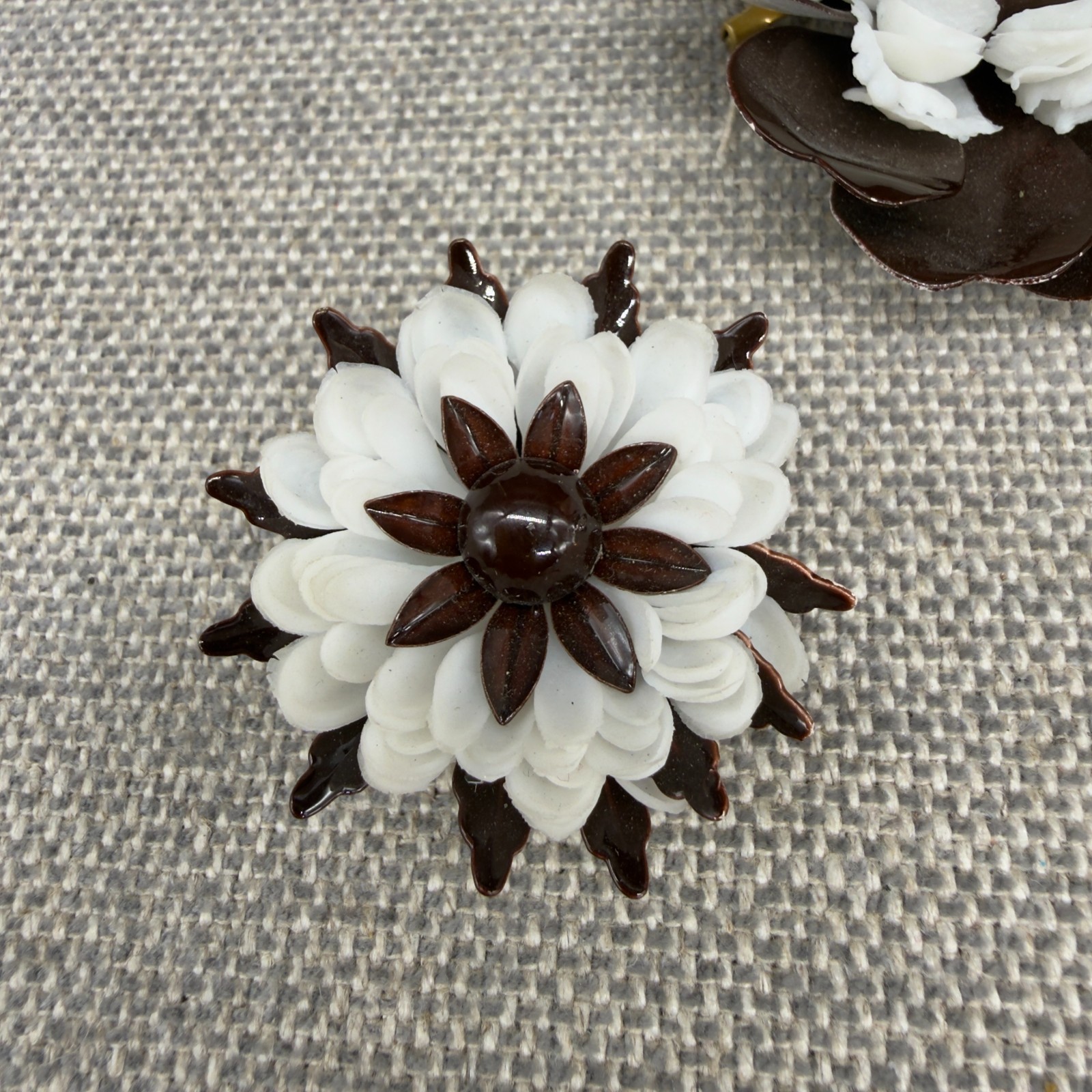 Vintage Flower Brooch Earrings Set Enamel Acrylic Brown White Clip Ons
