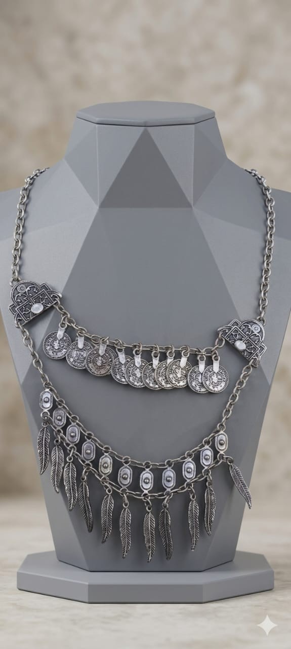 Vintage Silver Tone Boho Coin Feather Tassel Layered Necklace Gypsy Bibi Women