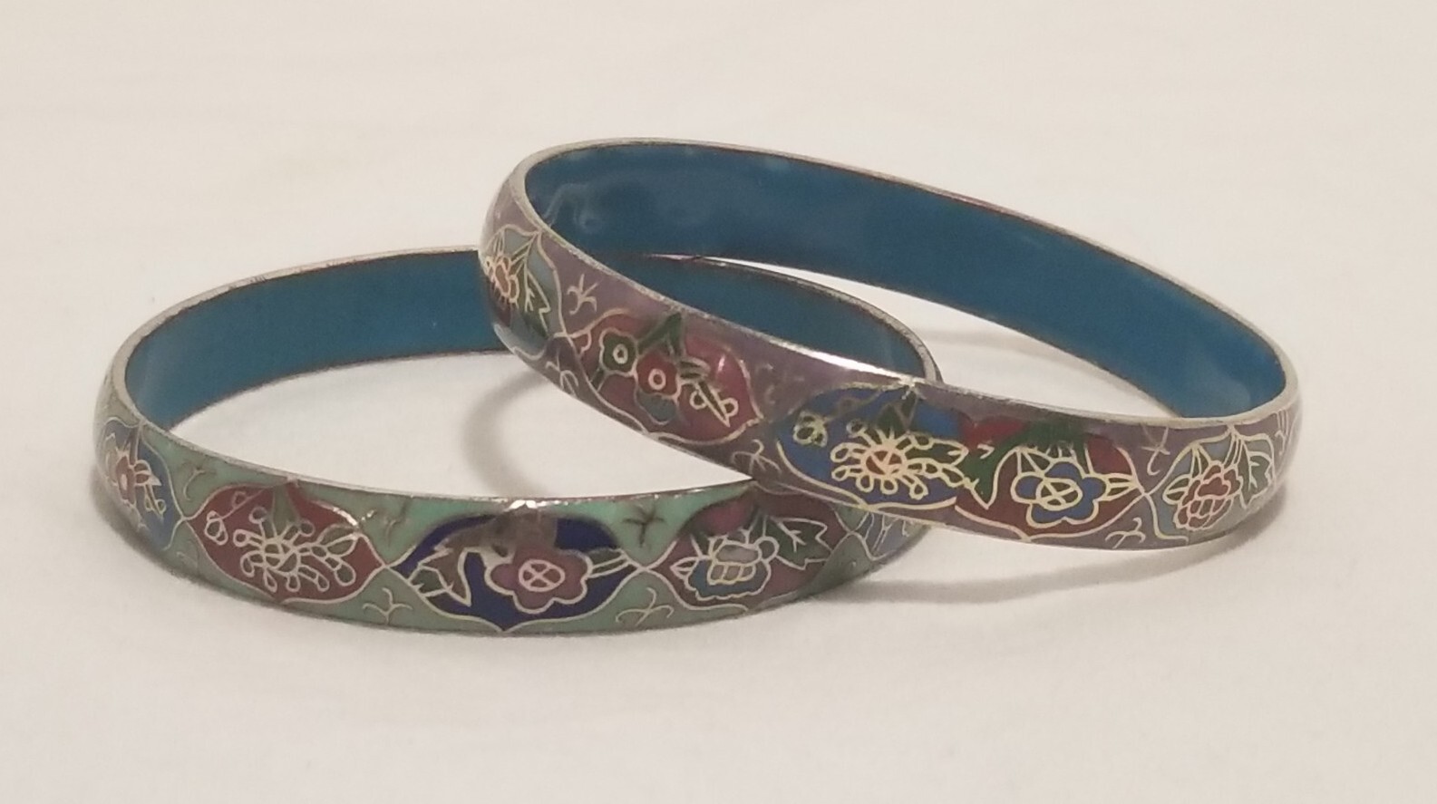 Vintage Chinese Cloisonne Enamel Flower Bangle Bracelet Lot (2) Beijing