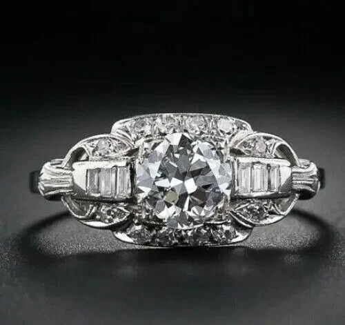 Art Deco Style Lab Created Diamond Engagement Wedding 14K White Gold Finish Ring