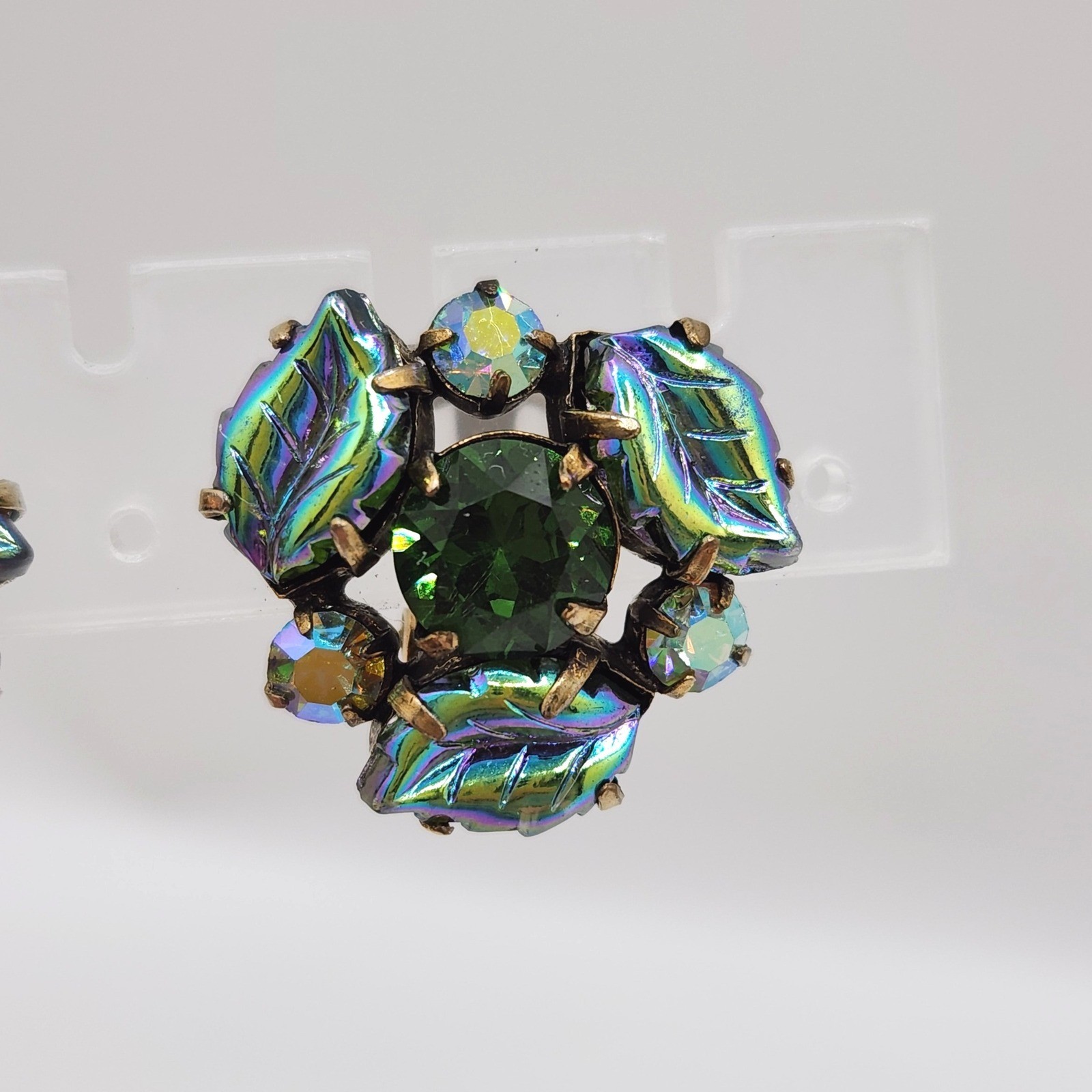 Vintage Regency Unsigned Green Rhinestone AB Molded Glass Leaf Clip On Earrings