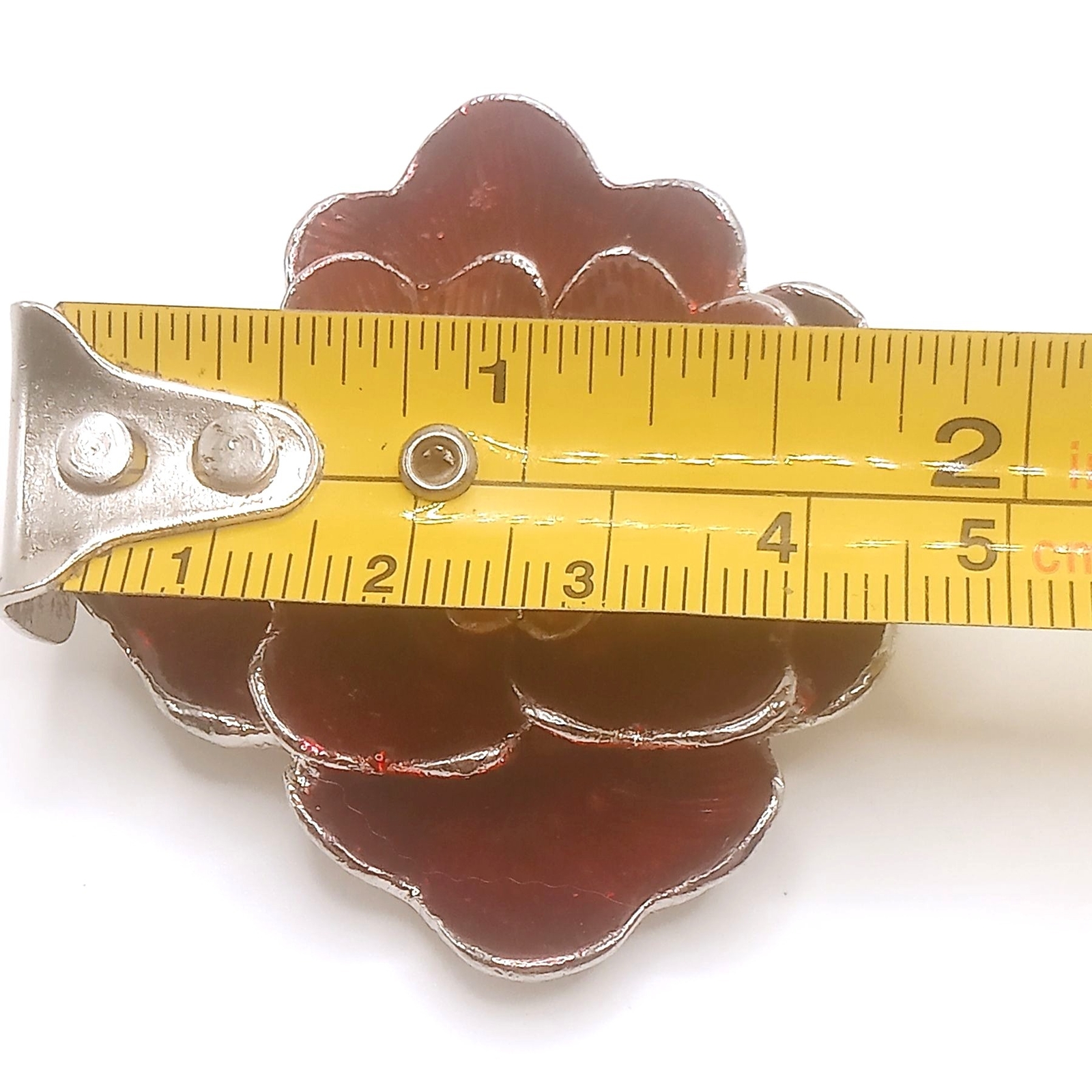Vintage Brooch Floral Silver-tone Metal Alloy Red Enamel Rhinestone 2″ Diameter
