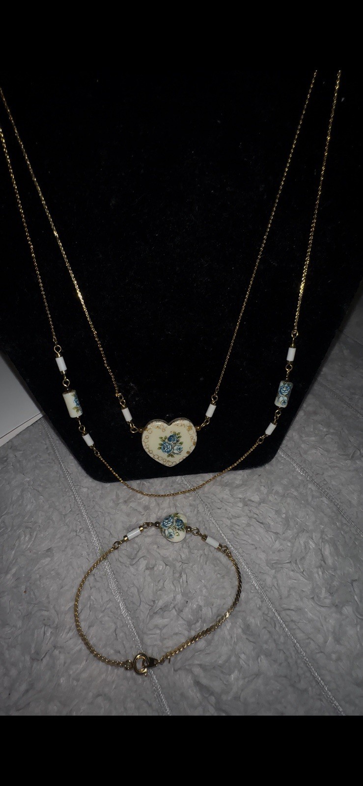 Vintage Japanese Tensha Blue Rose Porcelain Heart Necklace With Match Bracelet