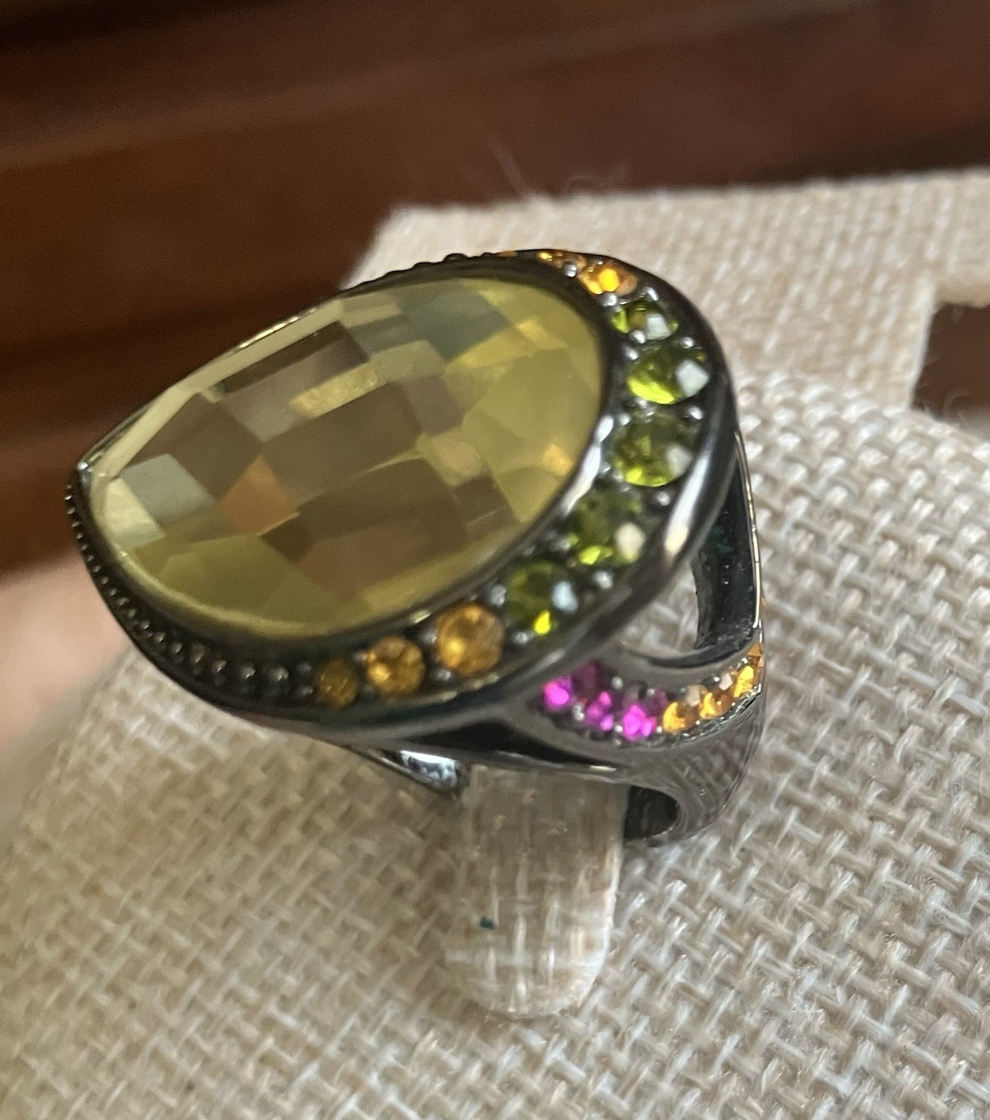 HSN Designer Signed M & CN Multi Gemstone Yellow Teardrop Faceted Cocktail Ring