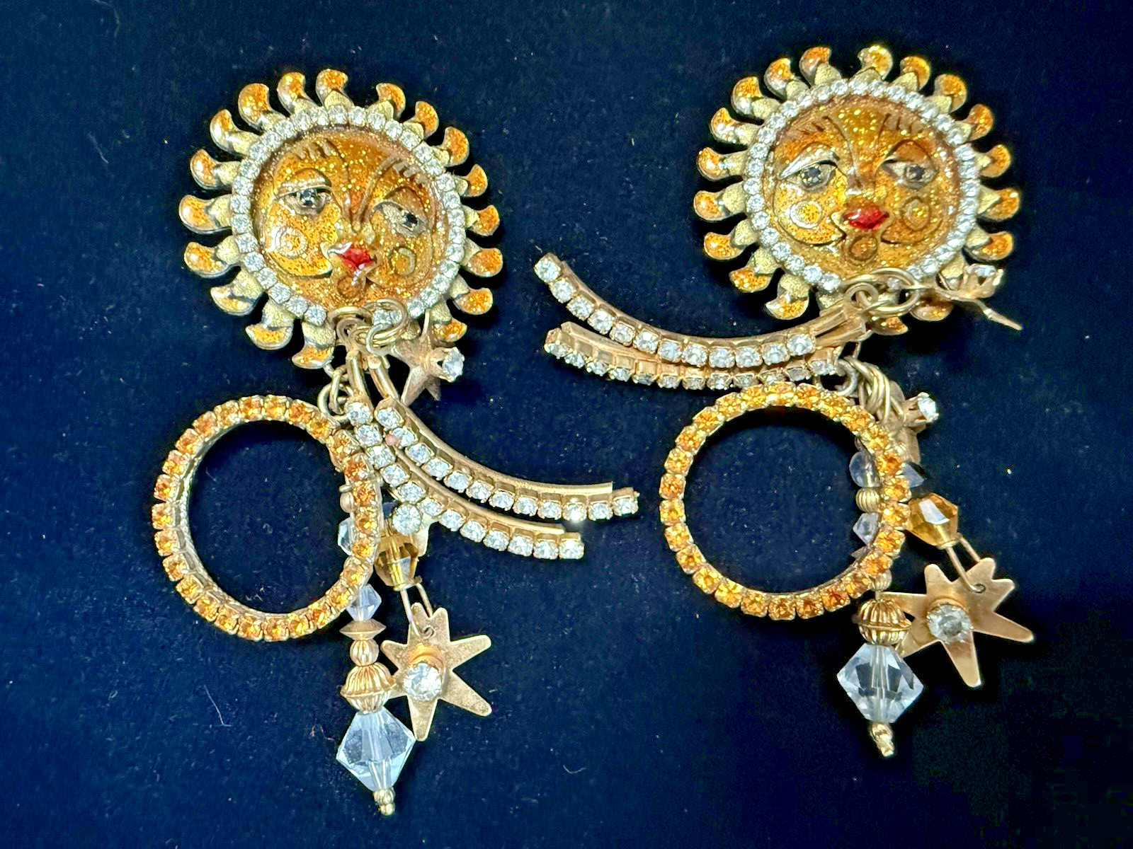 ” LUNCH at the RITZ ” Sun Goddess Solar Loops Swarovski Crystal Clip-on Earrings