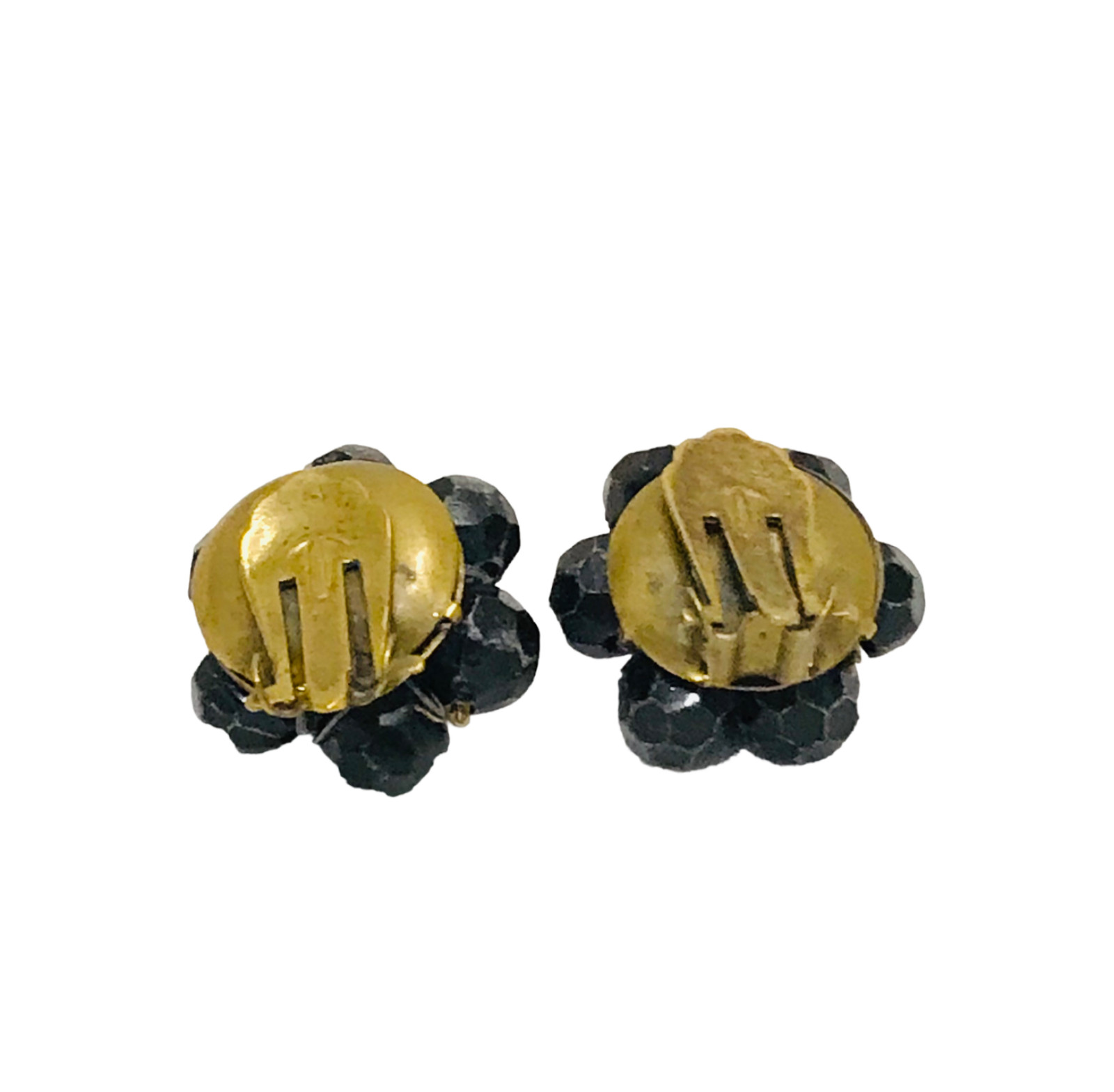 Vintage Hong Kong Japan Black Lucite Bead Cluster Clip On Earrings Black White