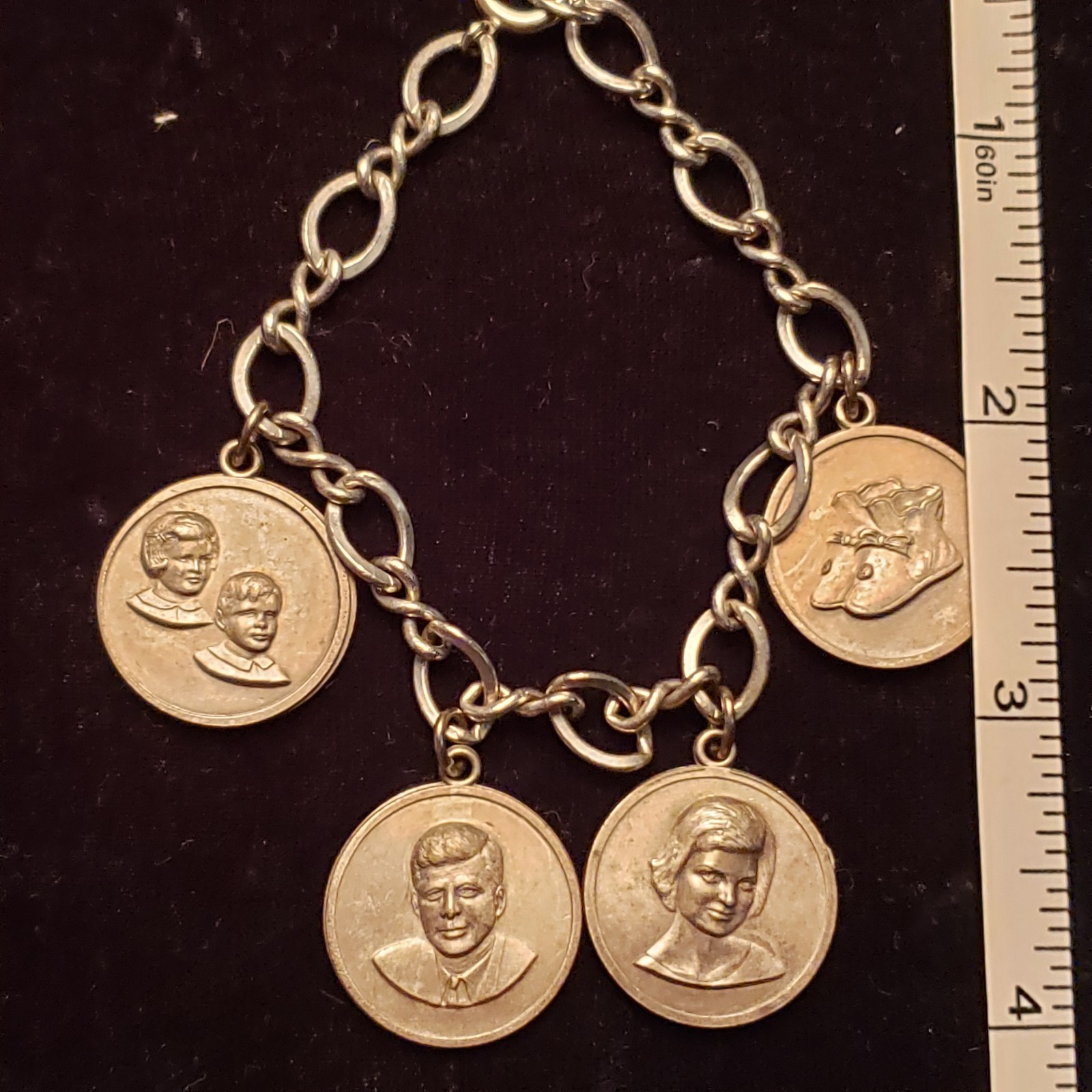 1960’s JFK JOHN JR JACKIE O CHARM BRACELET SILVER TONE