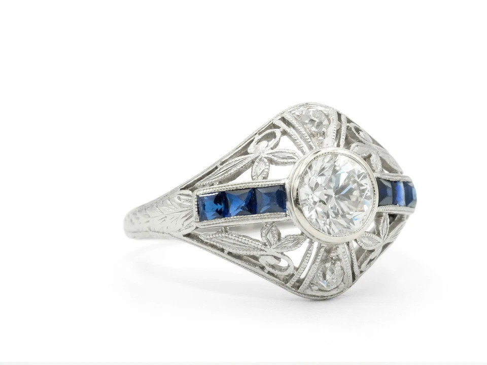Bezel Set Old Mine Cut Moissanite With Blue Sapphire Floral 925 Silver Ring