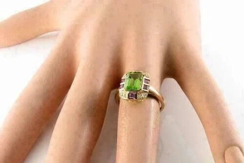 Art Deco 3.5Ct Emerald Cut Peridot Amethyst Lab Created Diamond 14K Gold FN Ring