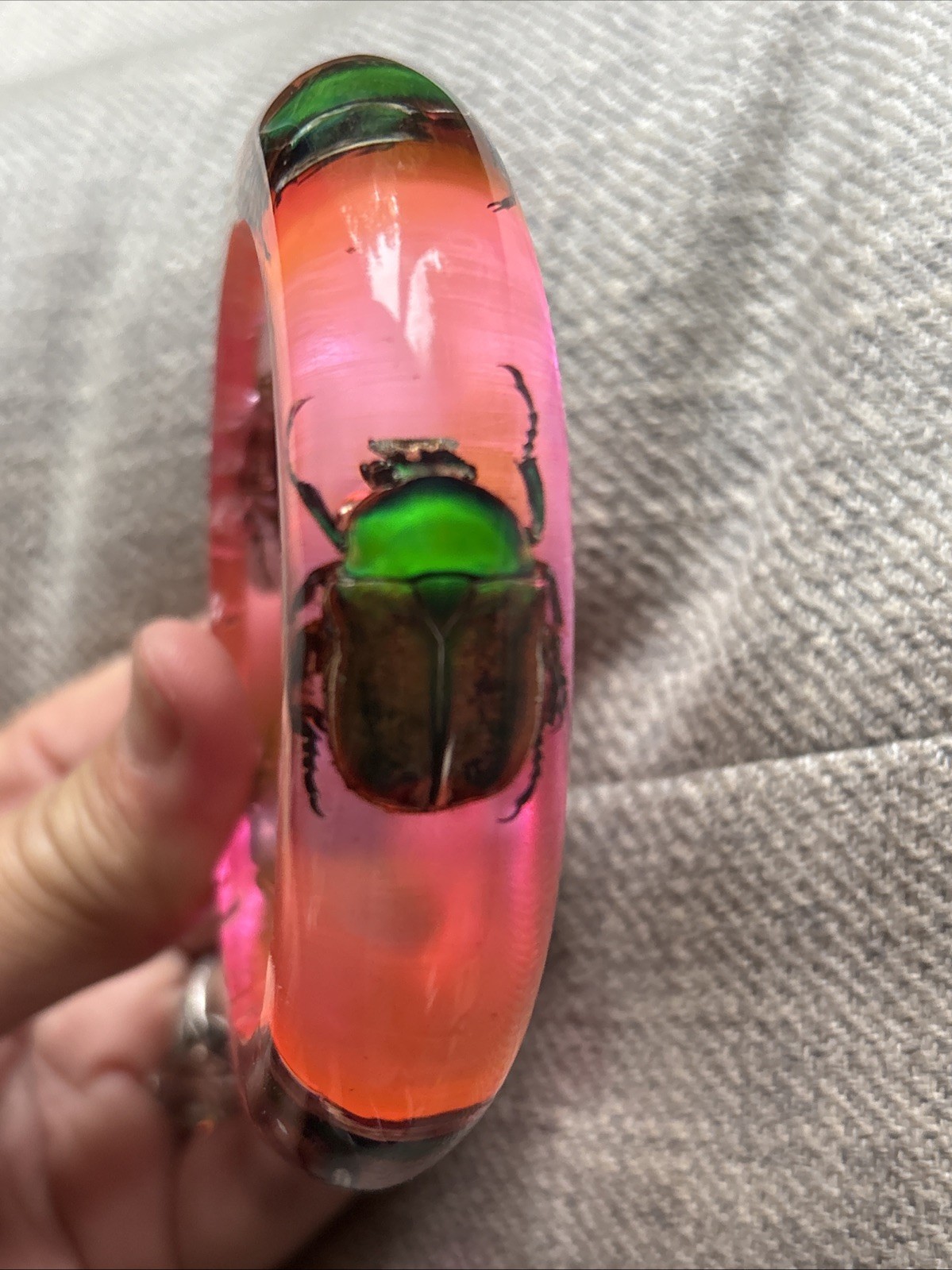 Clear Vibrant Pink Vtg Beetle Bracelet Translucent Resin, Lrg,1960s, NOS #16