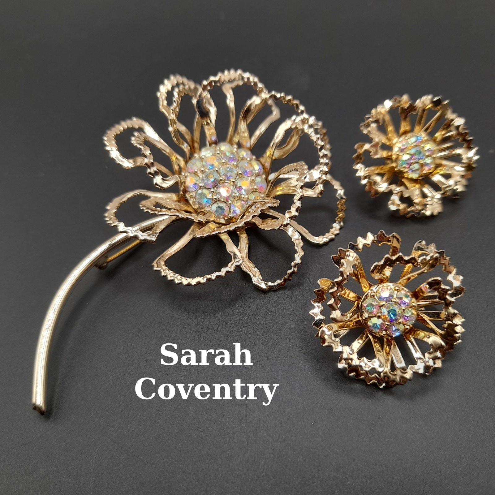 Vintage Sarah Coventry AB Rhinestone Centers Flower Brooch Clip Earrings Set
