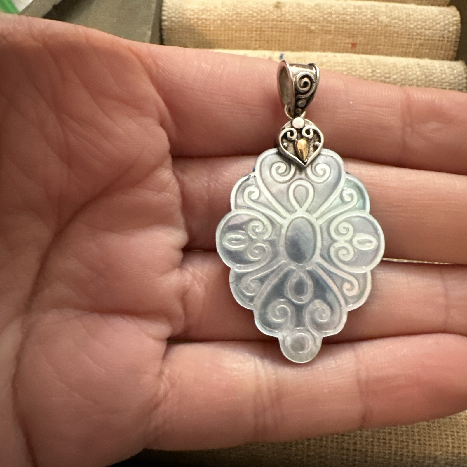 ROBERT MANSE 18K GOLD & STERLING SILVER CARVED MOP MOTHER OF PEARL PENDANT