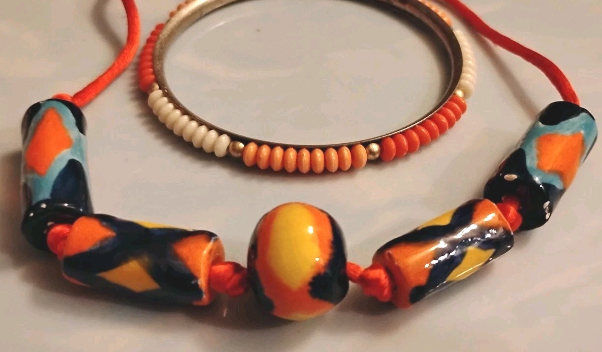 Vtg Italian Venetian Millefort Handcrafted Beaded Necklace & Vtg Bangle Bracelet