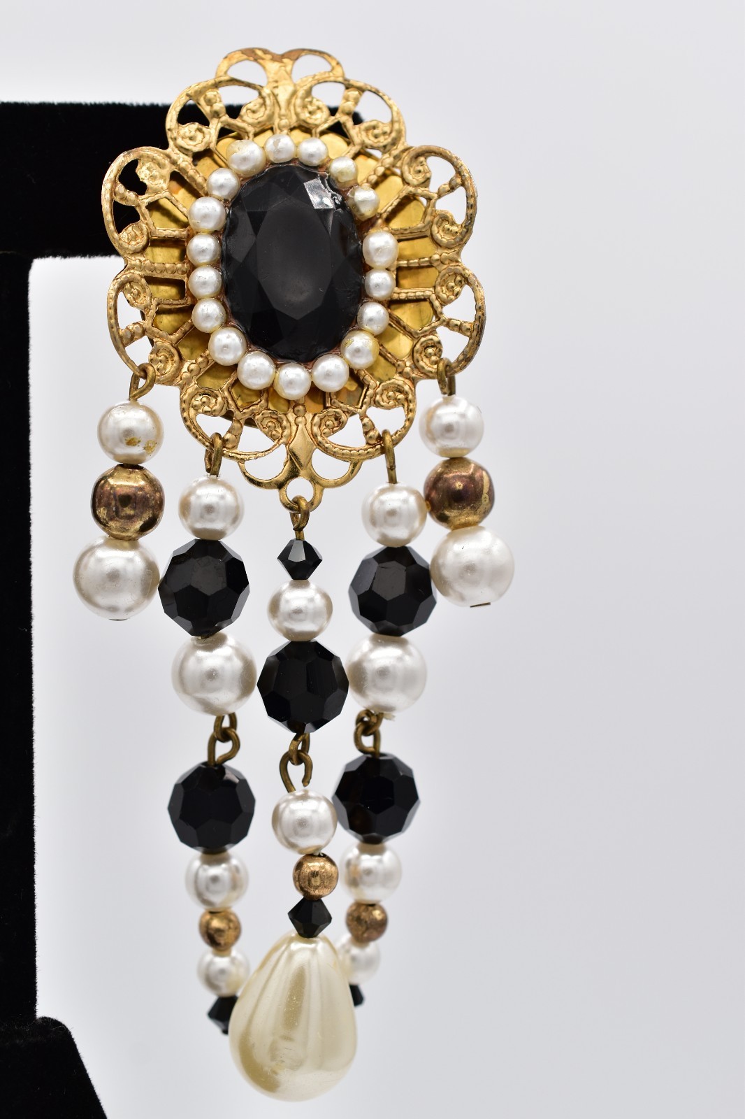 Jacklynn Vintage Beaded Fringe Clip On Earrings Black Crystal Pearl Gold BinBF