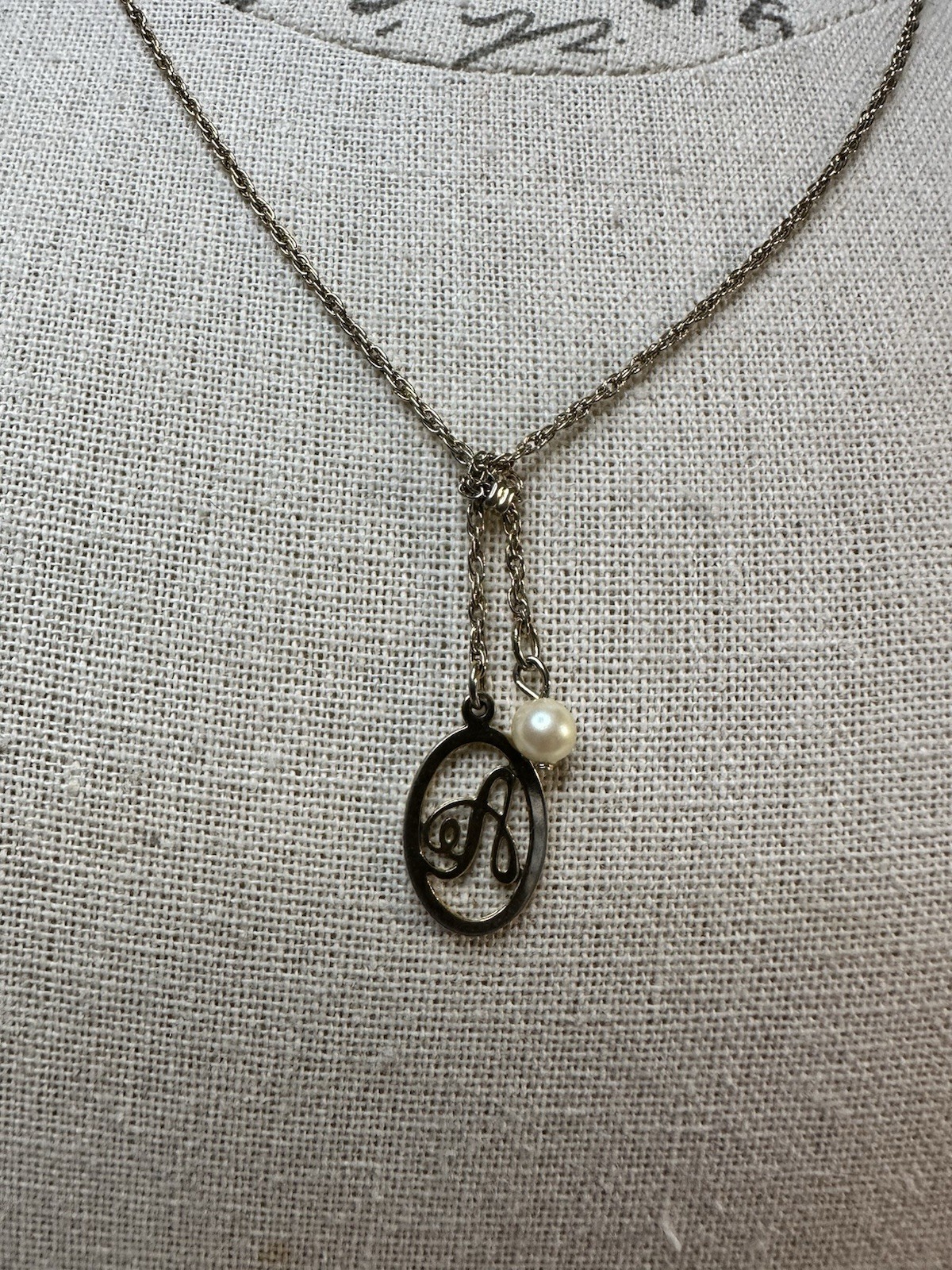 Vintage 80’s Avon Initial “A” Faux Pearl Pendant Gold-Tone Necklace Signed 21”