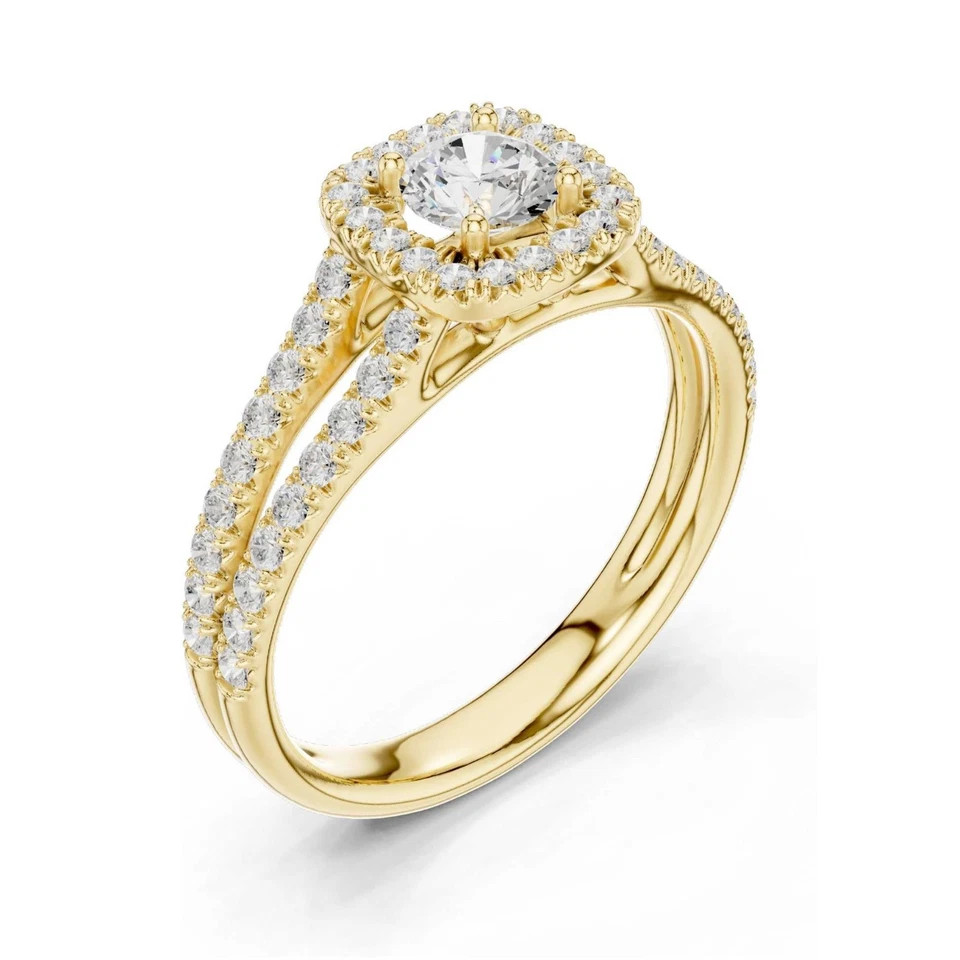 1.00TCW Round Cut White Moissanite Halo Engagement Party Ring 10K Yellow Gold FN