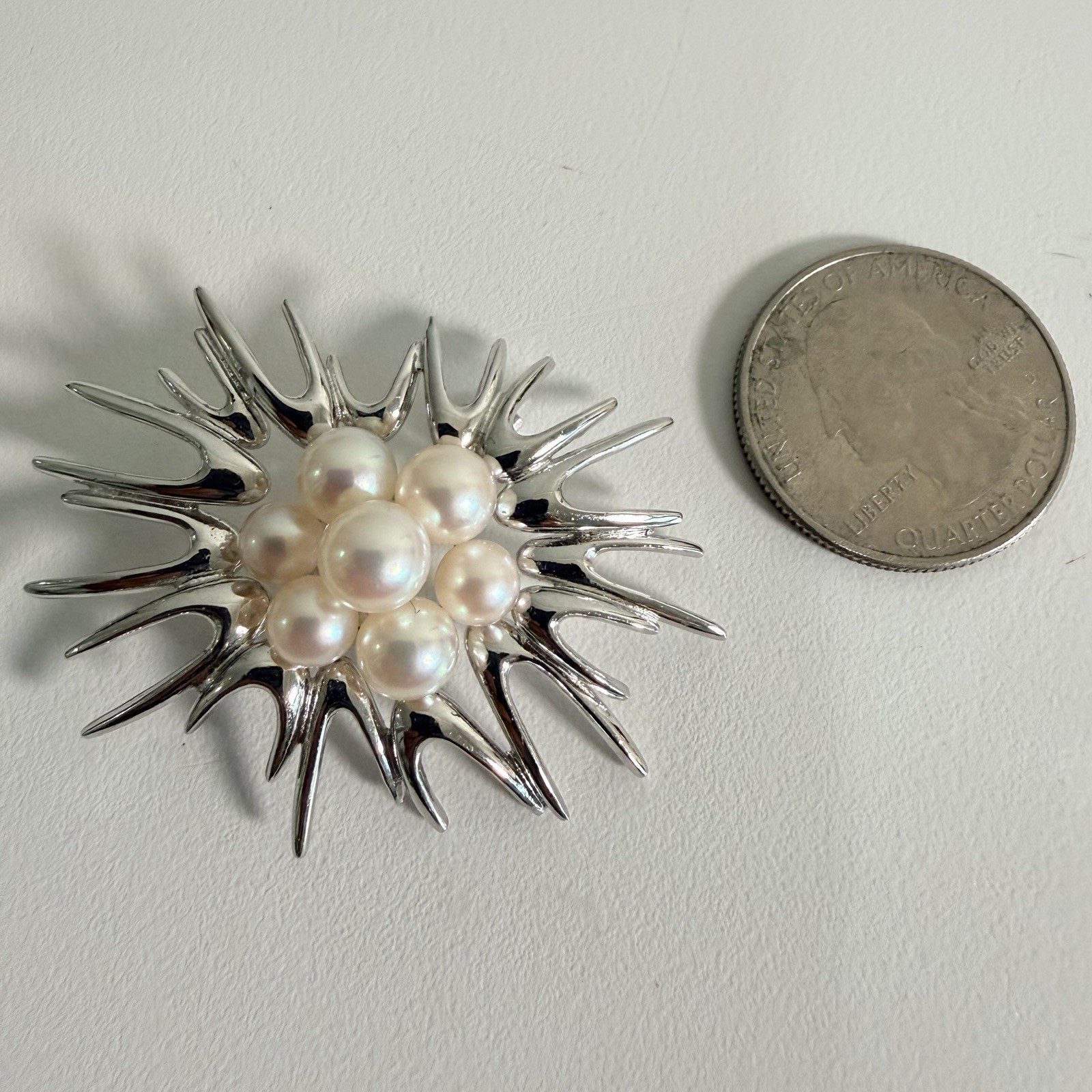 Mikimoto Akoya Starburst / Sea Urchin Pearl & Sterling Silver Vintage Brooch MCM