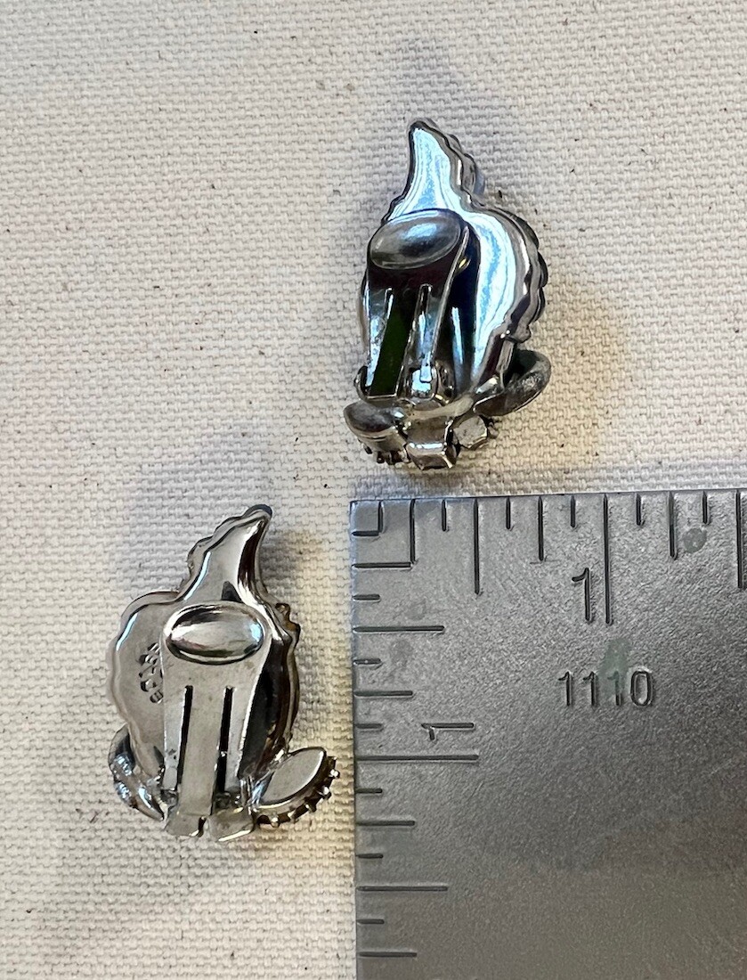 Vintage 1960s Signed EDLEE Cornucopia Molded Art Glass Blue Rhinestone Earrings