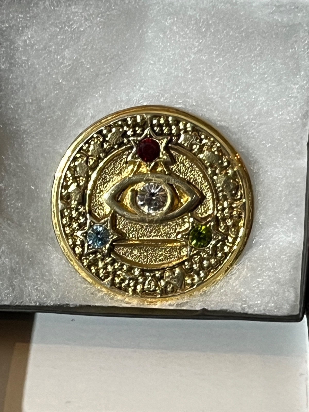 Vtg. Jewels Third Eye Charm, Authentic Rhinestone pin Brooch lucky charm Signed