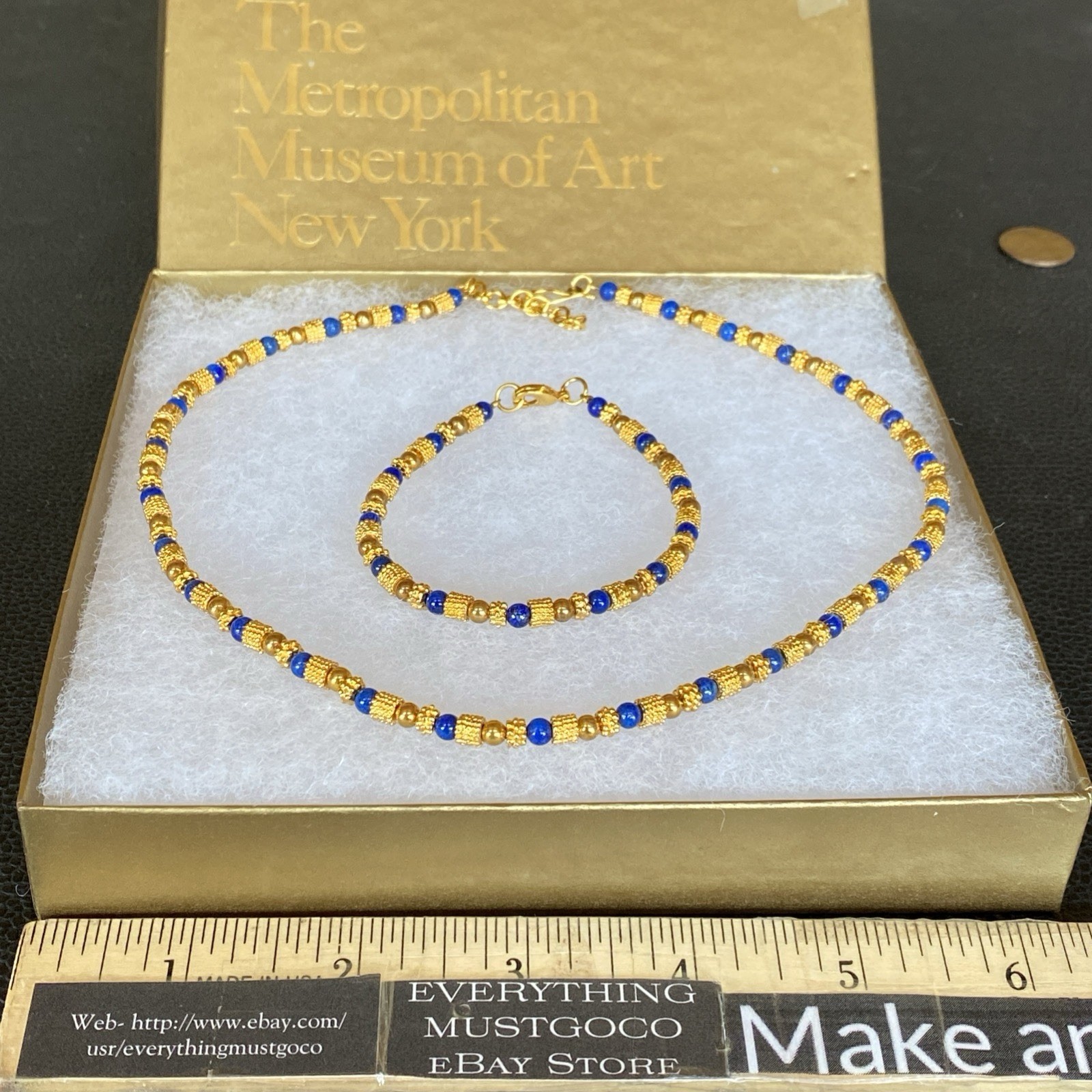 Vtg Museum Museum Art Lapis Lazuli Beaded Necklace Bracelet Etruscan Revival MMA