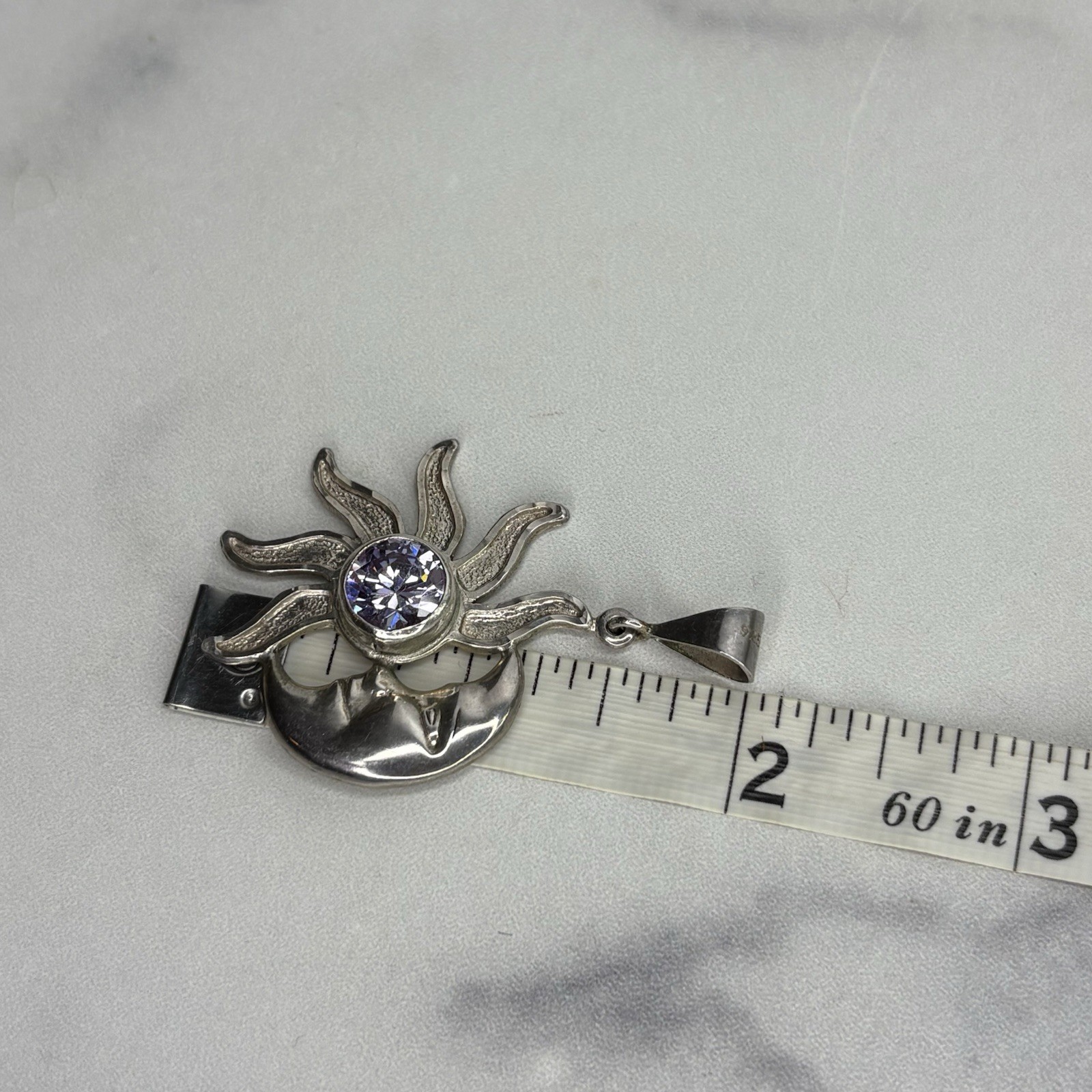 Vintage Mexico Sterling Silver Sun & Crescent Moon Eclipse Pendant Purple Stone