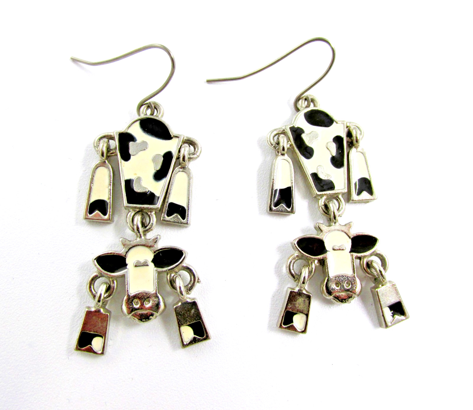 Edgar Berebi Enamel Cow Dangle Earrings Signed EB Silver Tone Articulated