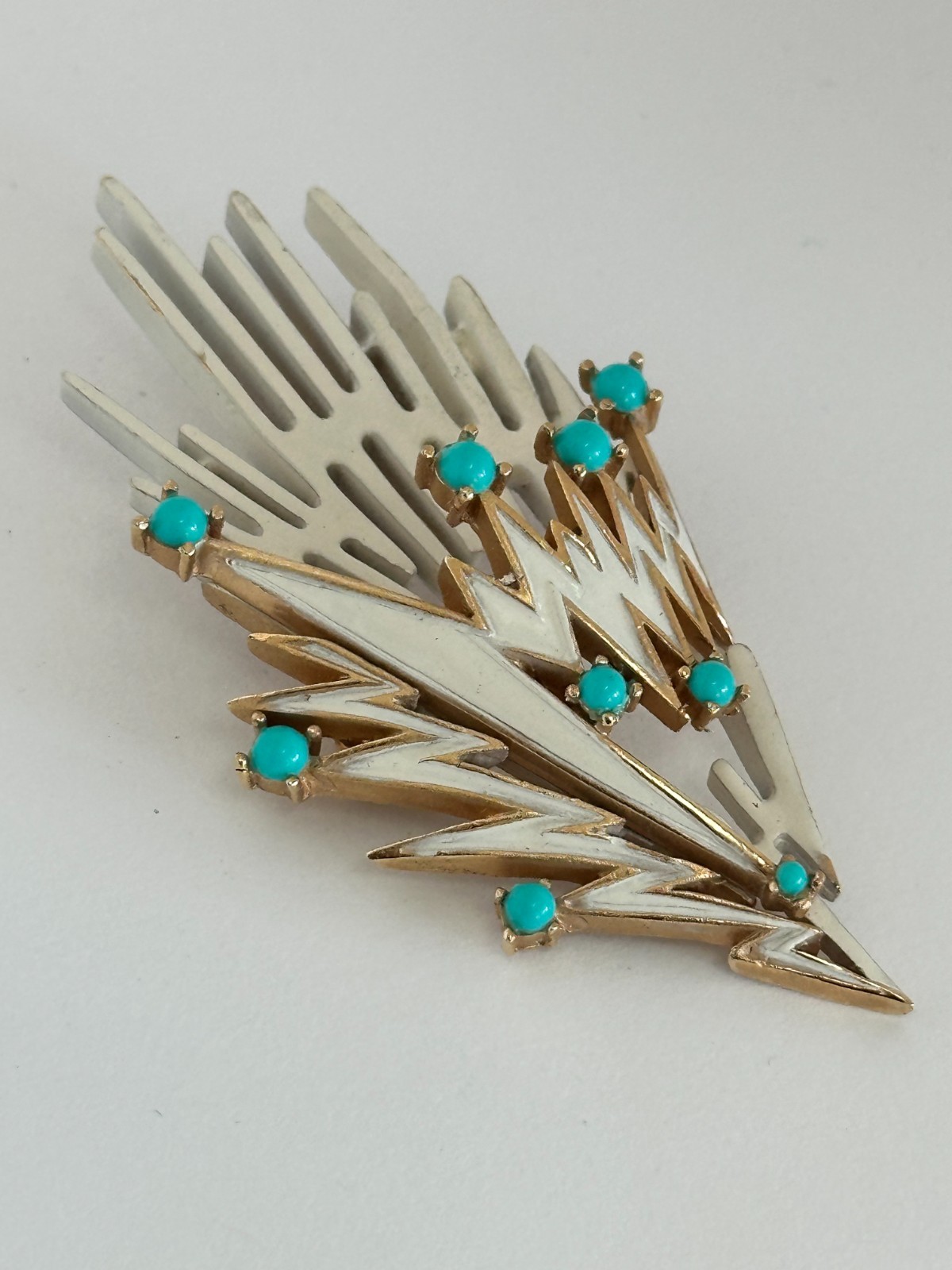 Vintage Crown Trifari Brooch White Enamel Aqua Cabochon 1955-1969 Era Modernist