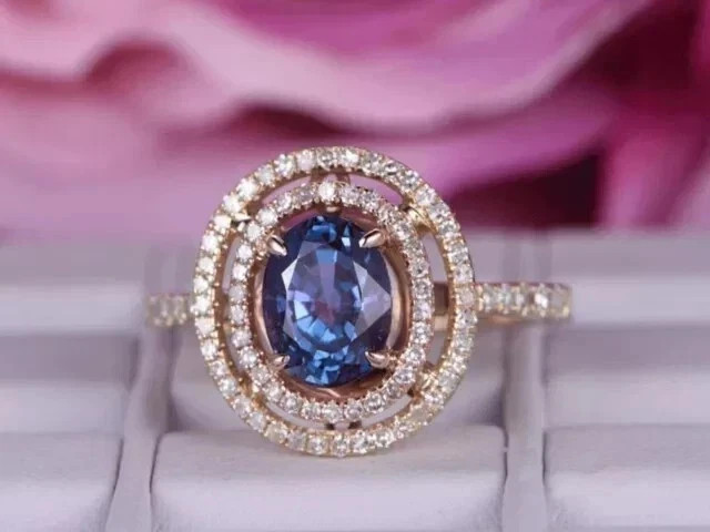 Art Deco Style Sapphire & Lab Created Diamond 14K Rose Gold FN Engagement Ring