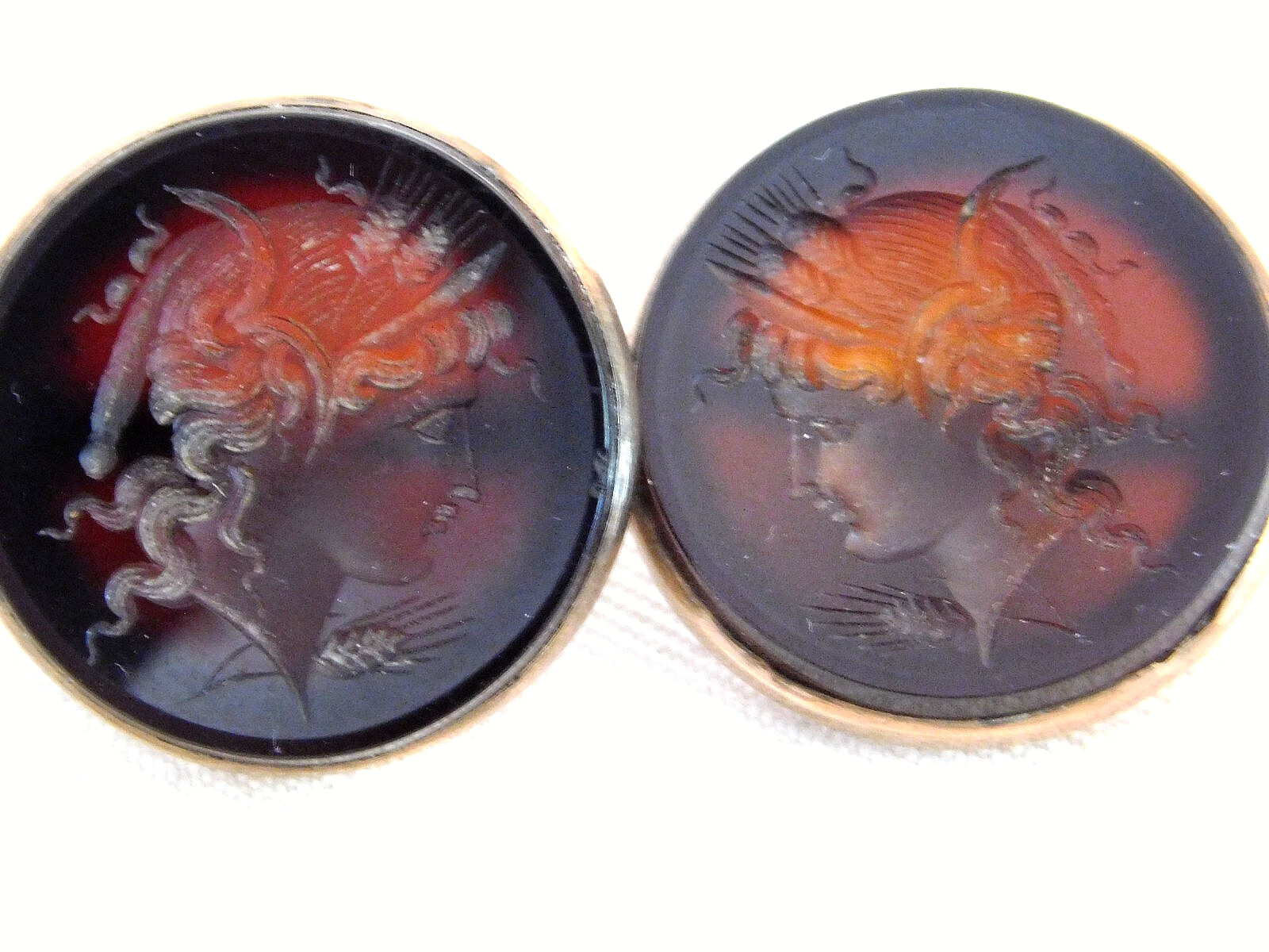 AMAZING Edwardian RENAISSANCE REVIVAL CARVED CARNELIAN CUFFLINKS, GODDESS, 1900