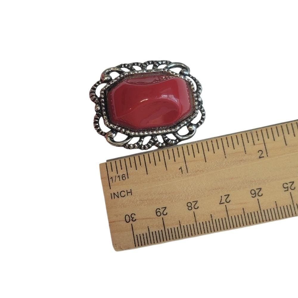 Vintage Red Cabochon Panel Bracelet & Clip Earrings Set Silver Tone Filigree