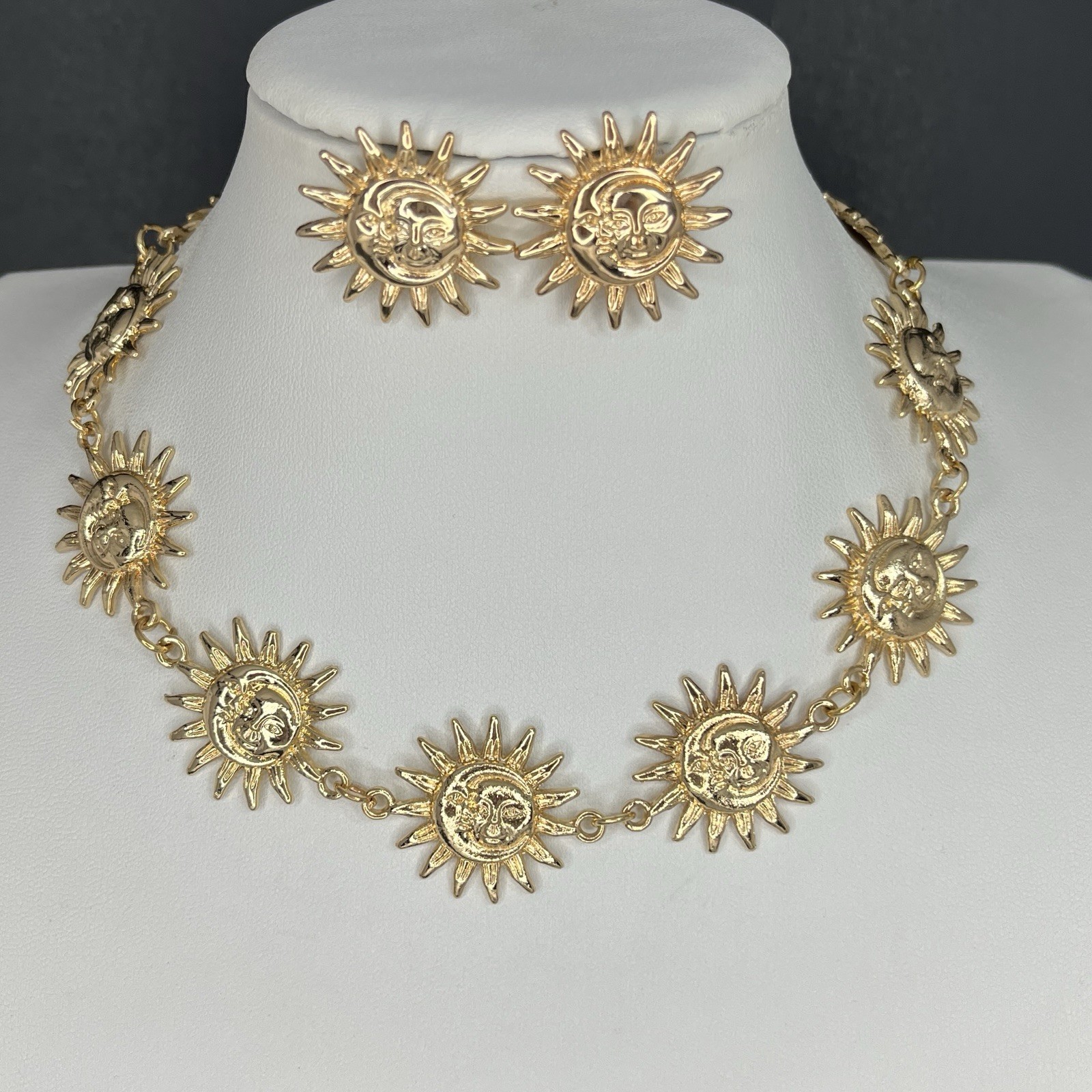 Gold Tone Celestial Sun Moon Necklace Earrings Set Pierced Choker Retro