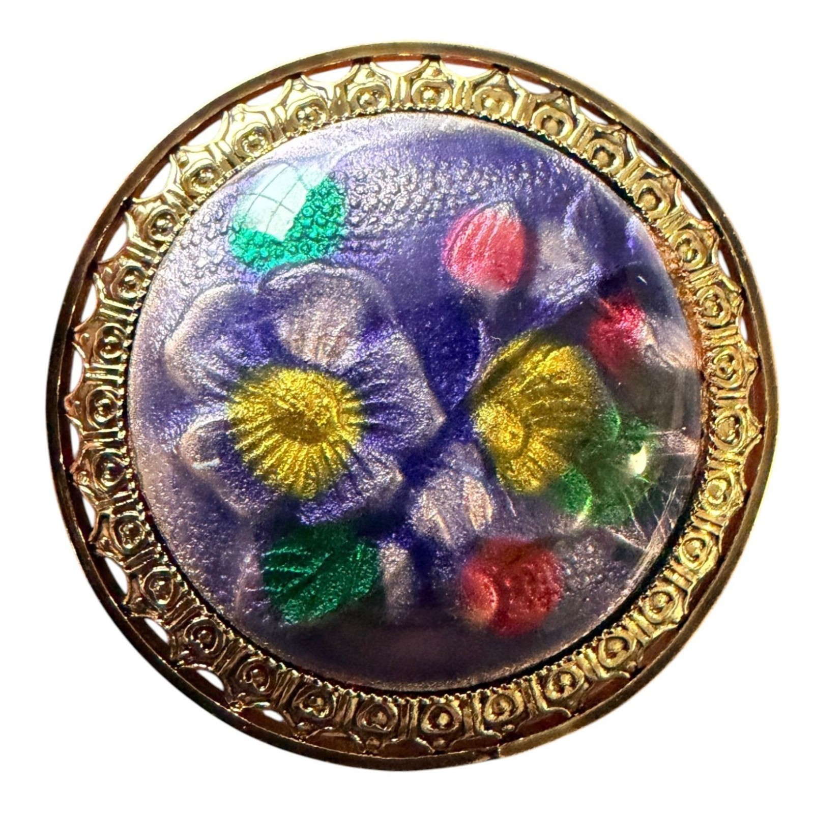 Vintage Reverse Carved Lucite Brooch Gold Tone Floral Pin 1950s New Old Stock