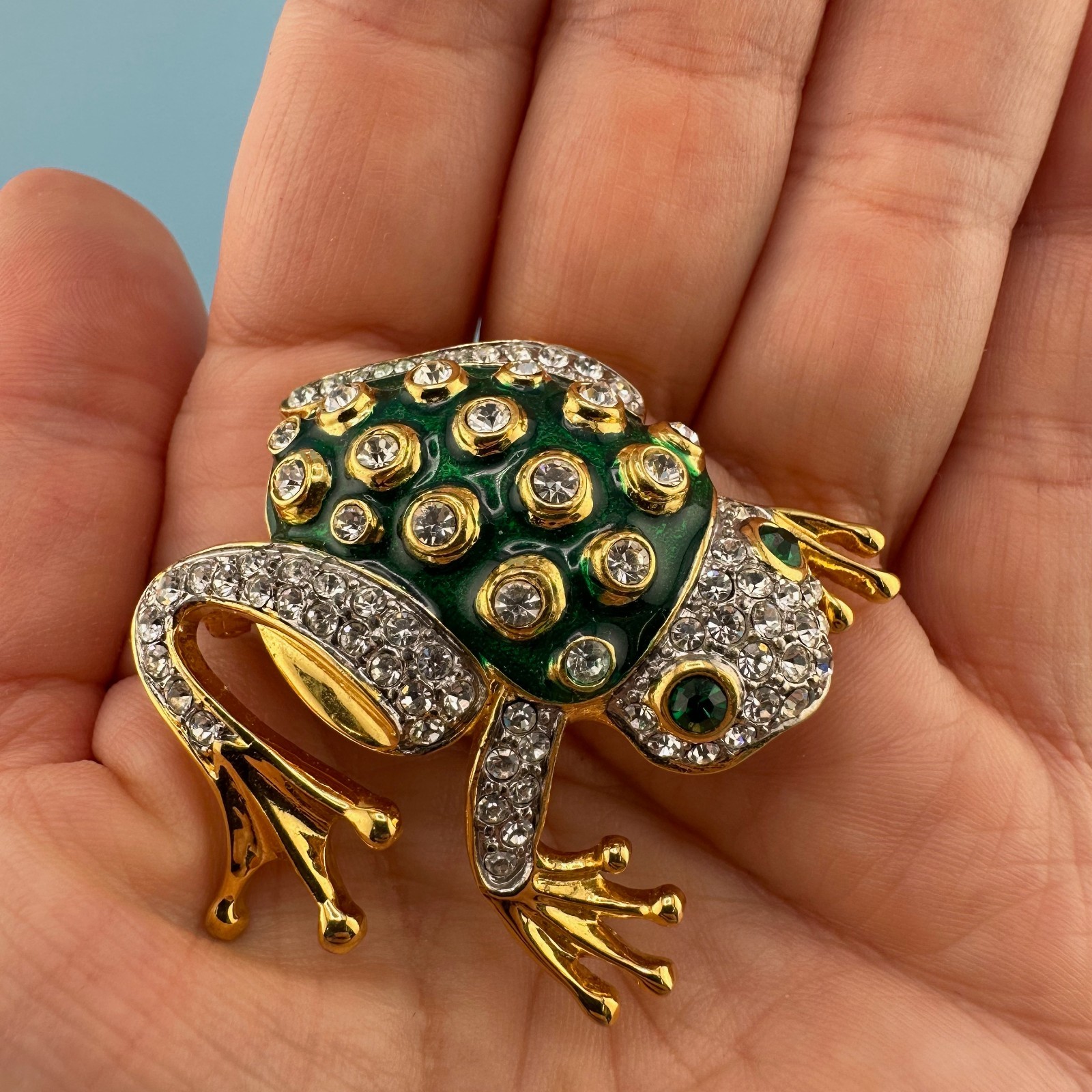Vintage Rhinestone Green Enamel Frog Brooch Shiny Gold Tone Leap Jump Figural