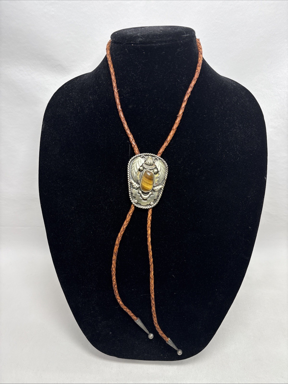 Vintage Tooled Alpaca Silver Tiger’s Eye Bolo Tie Braided Leather Southwestern