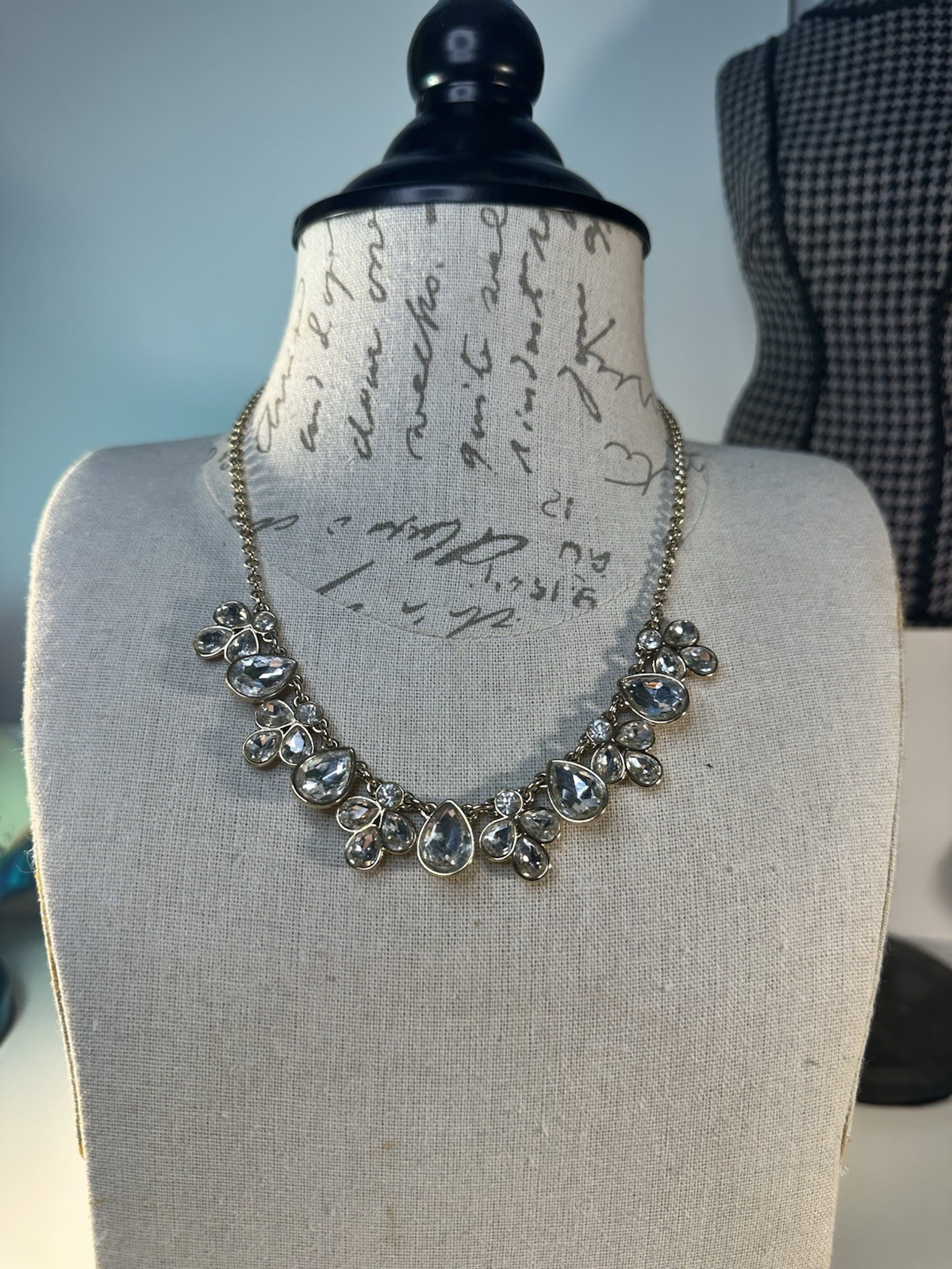 Vintage Silver Tone Teardrop Bezel Set Rhinestone Necklace