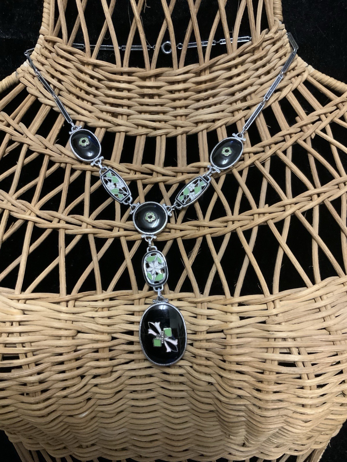 Vintage Art Deco Style Filigree Floral Enamel Black Glass Delicate Necklace 14”