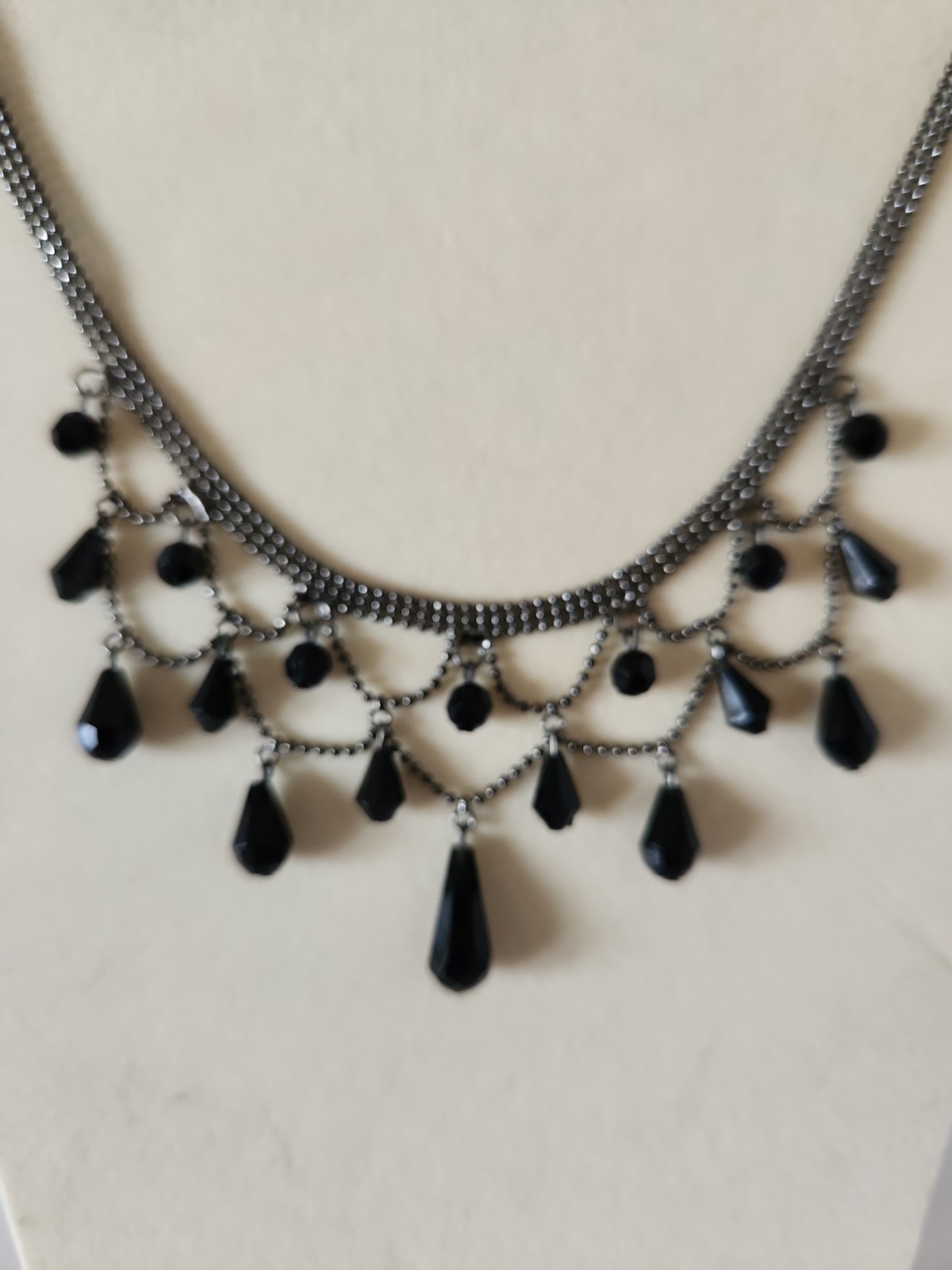 Vintage Carolina Herrera CH Black Crystal Teardrop Bib Necklace Victorian Style
