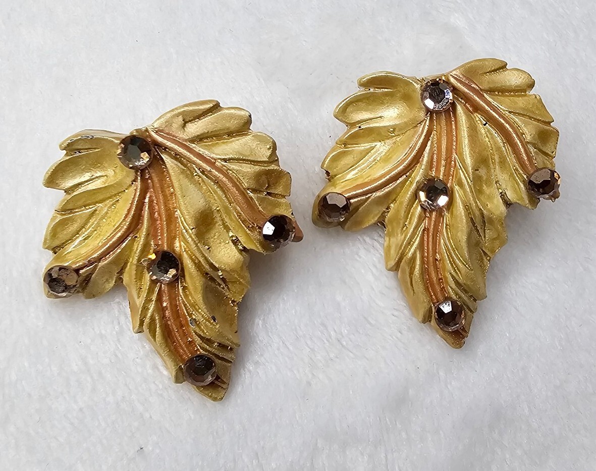 VTG Jeff Lieb Clip Earrings Gold Leaf Rhinestone One Of A Kind Custom Handmade