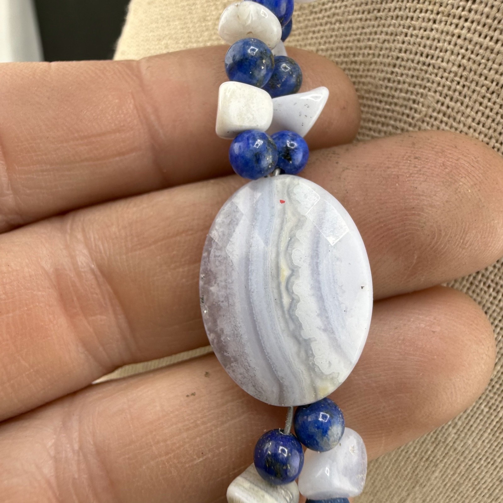 Vintage Jay King DTR Necklace Blue Lace Agate Polished Stone 18”